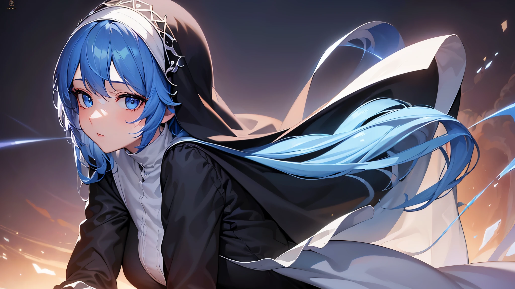 masterpiece, best quality, (extremely detailed CG unity 8k wallpaper), (best quality), (best illustration), (best shadow), absurdres, realistic lighting, High definition, Lady, solo, nun, loose outfit, prim, long veil, topaz blue eyes, perfect face, elegant, (topaz blue hair: 1.2), elegant pose, effect background, art by guweiz