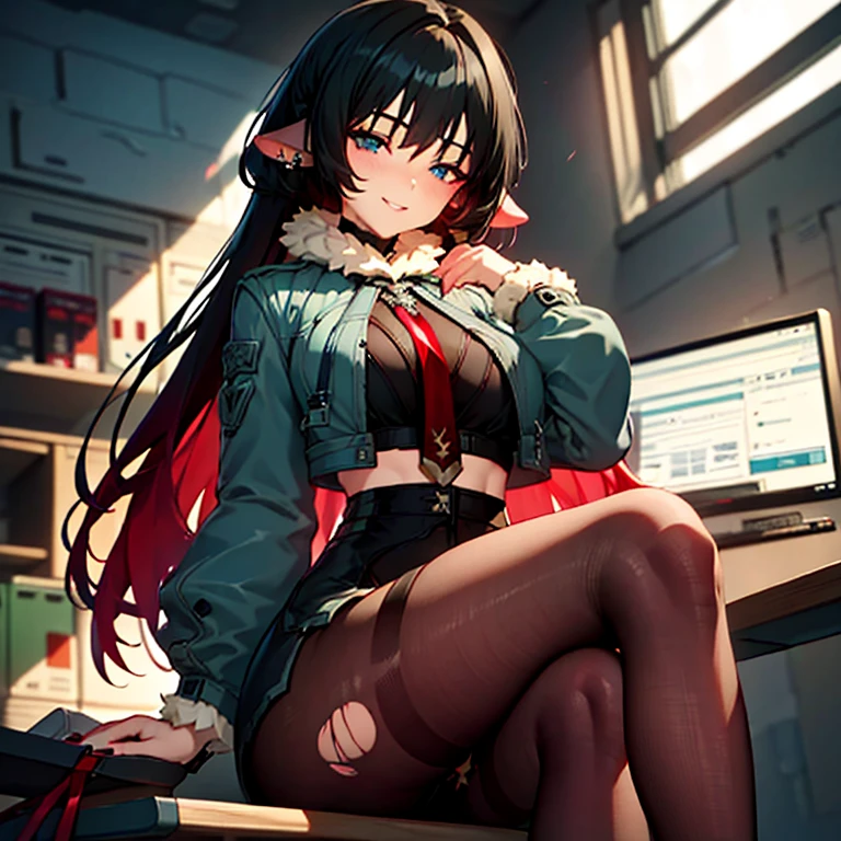 High resolution, masterpiece, Very detailed, Textured skin, jane doe \(zenless zone zero\),One girl, solo,Long Hair, Piercing in left ear,Light blush, A smile that seems to be plotting something,Perfect Eyes,(Light blue eyes),Uplifting,Red Nails,chest, ruins,Torn pantyhose,Black innerwear,Military jacket,black and red tie,Garter belt on left leg,sit at a desk in the office,Crossing your legs