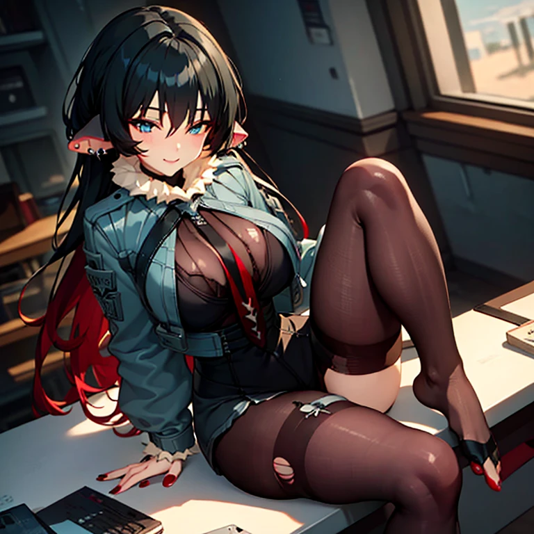 High resolution, masterpiece, Very detailed, Textured skin, jane doe \(zenless zone zero\),One girl, solo,Long Hair, Piercing in left ear,Light blush, A smile that seems to be plotting something,Perfect Eyes,(Light blue eyes),Uplifting,Red Nails,chest, ruins,Torn pantyhose,Black innerwear,Military jacket,black and red tie,Garter belt on left leg,sit at a desk in the office,Crossing your legs