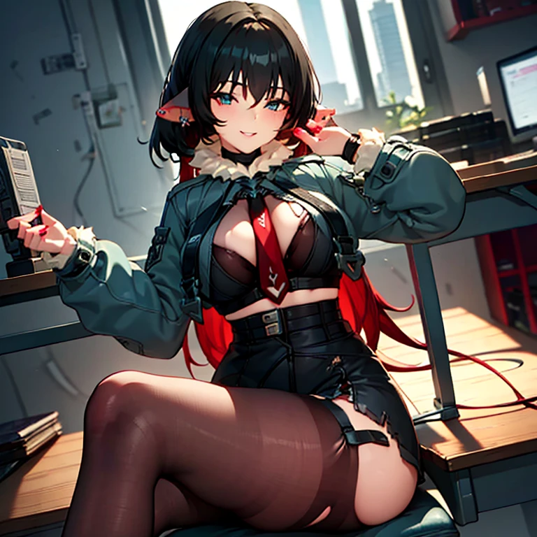 High resolution, masterpiece, Very detailed, Textured skin, jane doe \(zenless zone zero\),One girl, solo,Long Hair, Piercing in left ear,Light blush, A smile that seems to be plotting something,Perfect Eyes,(Light blue eyes),Uplifting,Red Nails,chest, ruins,Torn pantyhose,Black innerwear,Military jacket,black and red tie,Garter belt on left leg,sit at a desk in the office,Crossing your legs