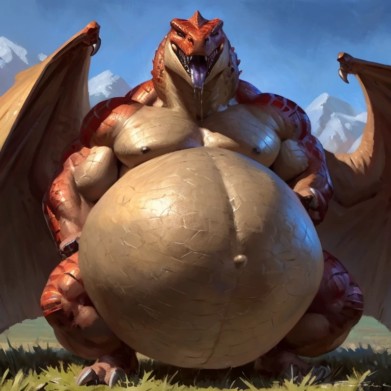 Detailed painting, by Taran Fiddler, dragoness, full body, feral, dainty, friendly, colorful, rounded snout, wings, pregnant-like belly, round belly, dominant belly, huge belly, bloated belly, big muscles, wide body, thick body muscles, powerfull muscles, beefy muscles, thick neck, beefy neck, sharp fangs, long and sharp fangs, big feet, long feet, powerfull feet, giant feet, enormous feet, long and shar claws, tall, enormous, giant, gigantic, gargantuan, kaiju, powerfull look, badass look