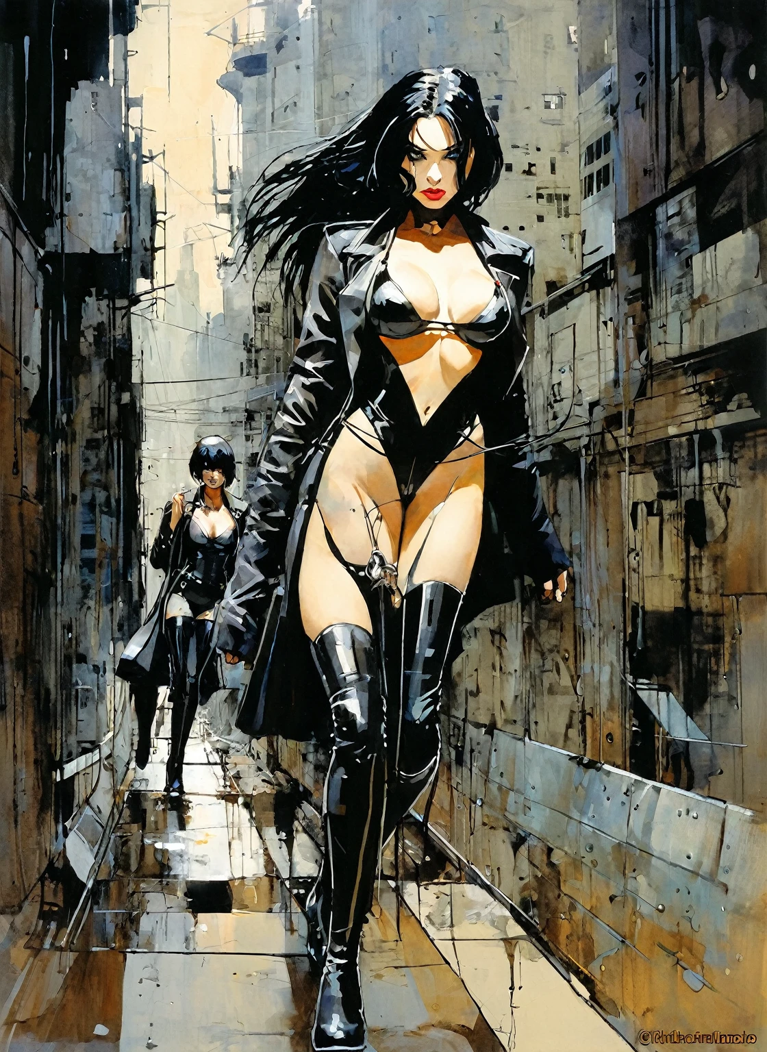 painting of two women in latex walking on a rampway, rafael albuquerque comic art, boris villejo, david baldeon comic art, milo manara style, enki bilal style, by Enki Bilal, inspired by Jeffrey Catherine Jones, beautiful comic art, milo manara, möbius and æon flux, pulp illustration