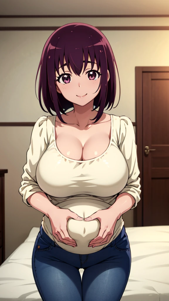 ikuyo_a, mature female, Huge breasts, purple hair, purple eyes, hair bow,
denim jeans pants, white shirt, pregnant,Grab your chest, {Breast milk}, Cleavage, Heart with hands in front of chest,Rinai,whole body,thin,smile,from the front,null,Daytime,Bedroom at home,Anime Style,high quality,masterpiece,Very detailed,whole body,