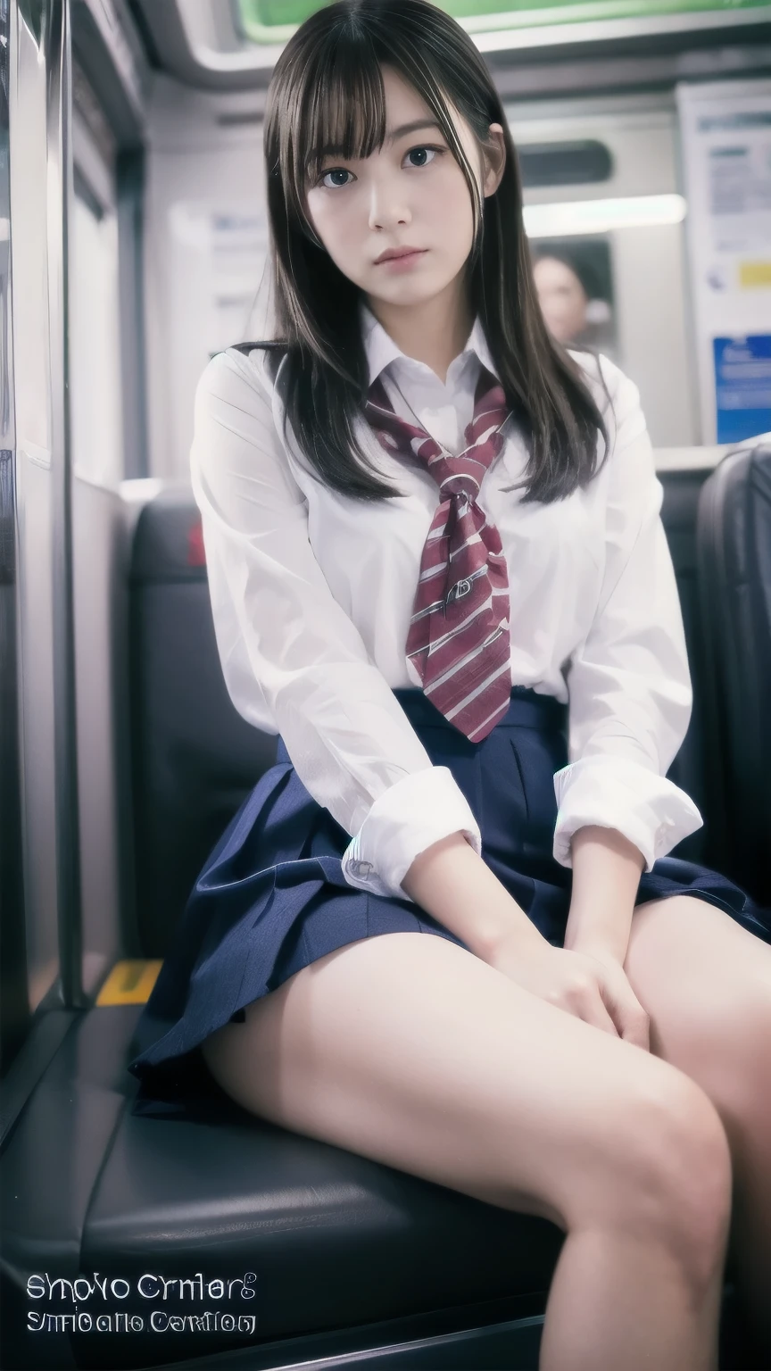 high resolution、８K、Japanese 1 female,Cosplay Japanese Schoolgirl Uniform,sitting in a train seat,(Focus on her crotch:1.1),Between her clothes,Under her skirt,Ultra low angle,Knees together,She is looking down,She doesn&#39;t notice me,((Show me your pants here)),((Panty shot))