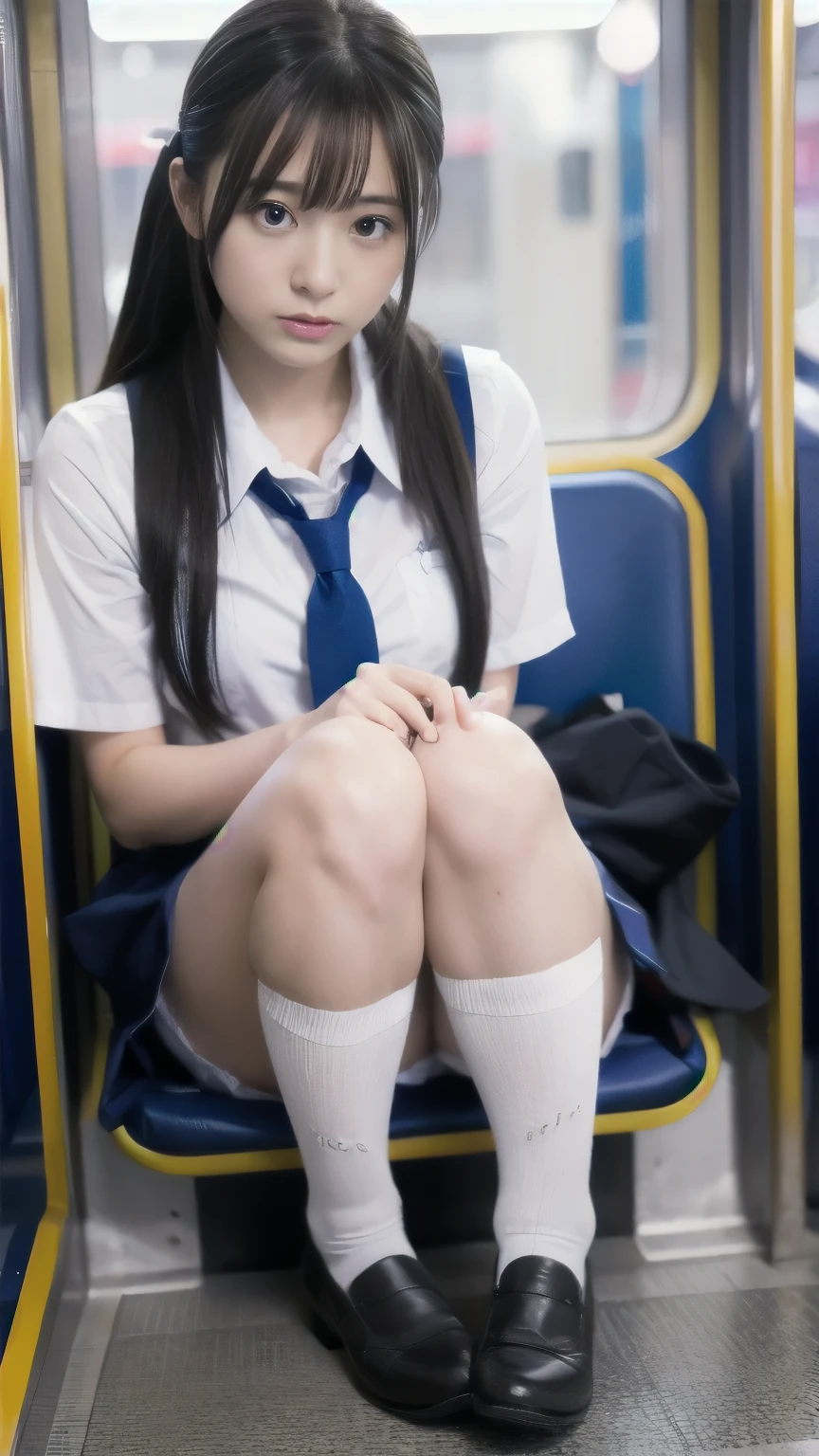 high resolution、８K、Japanese 1 female,Cosplay Japanese Schoolgirl Uniform,sitting in a train seat,(Focus on her crotch:1.1),Between her clothes,Under her skirt,Ultra low angle,Knees together,She is looking down,She doesn&#39;t notice me,((Show me your pants here)),((Panty shot))