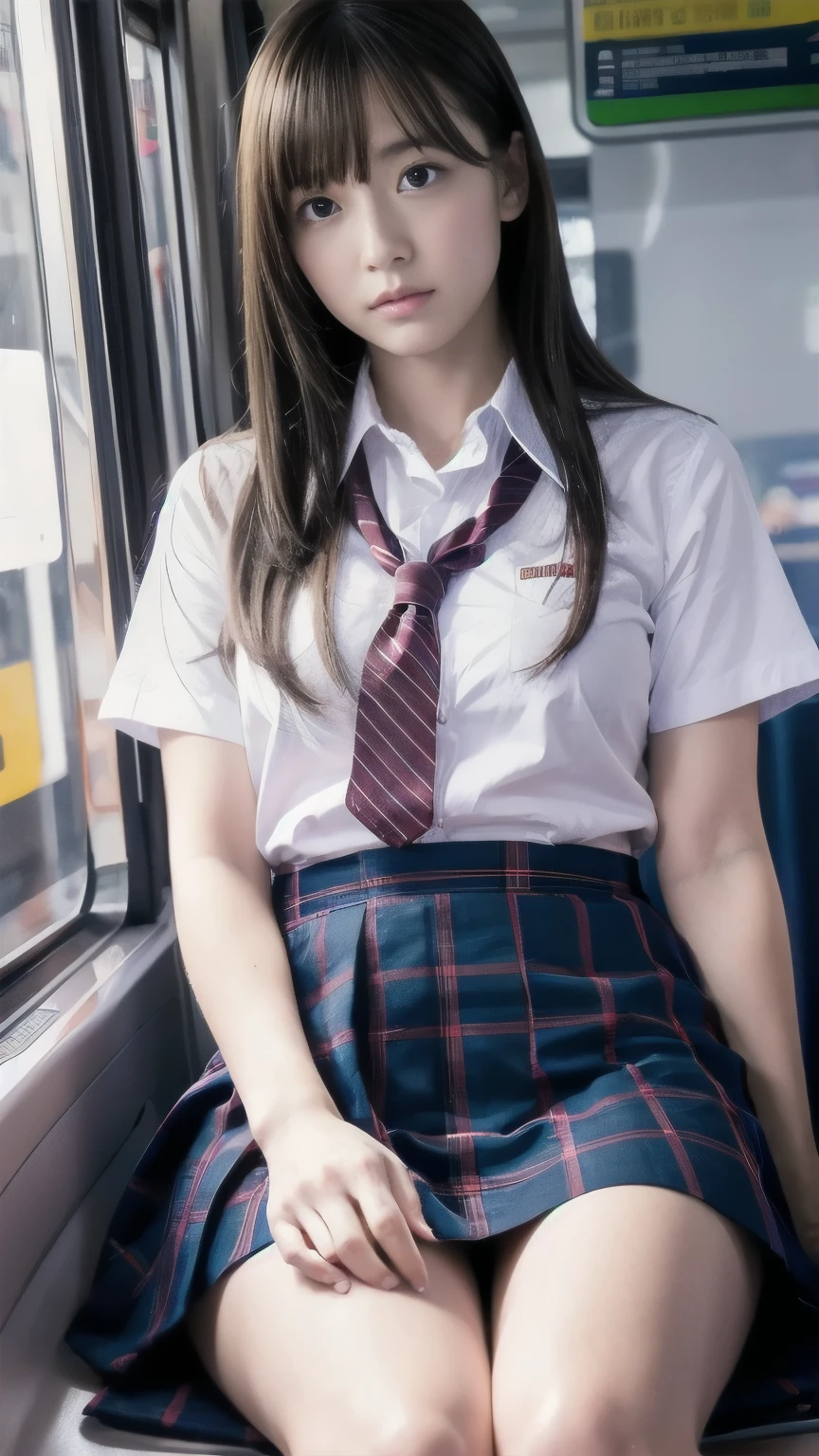 high resolution、８K、Japanese 1 female,Cosplay Japanese Schoolgirl Uniform,sitting in a train seat,(Focus on her crotch:1.1),Between her clothes,Under her skirt,Ultra low angle,Knees together,She is looking down,She doesn&#39;t notice me,((Show me your pants here)),((Panty shot))