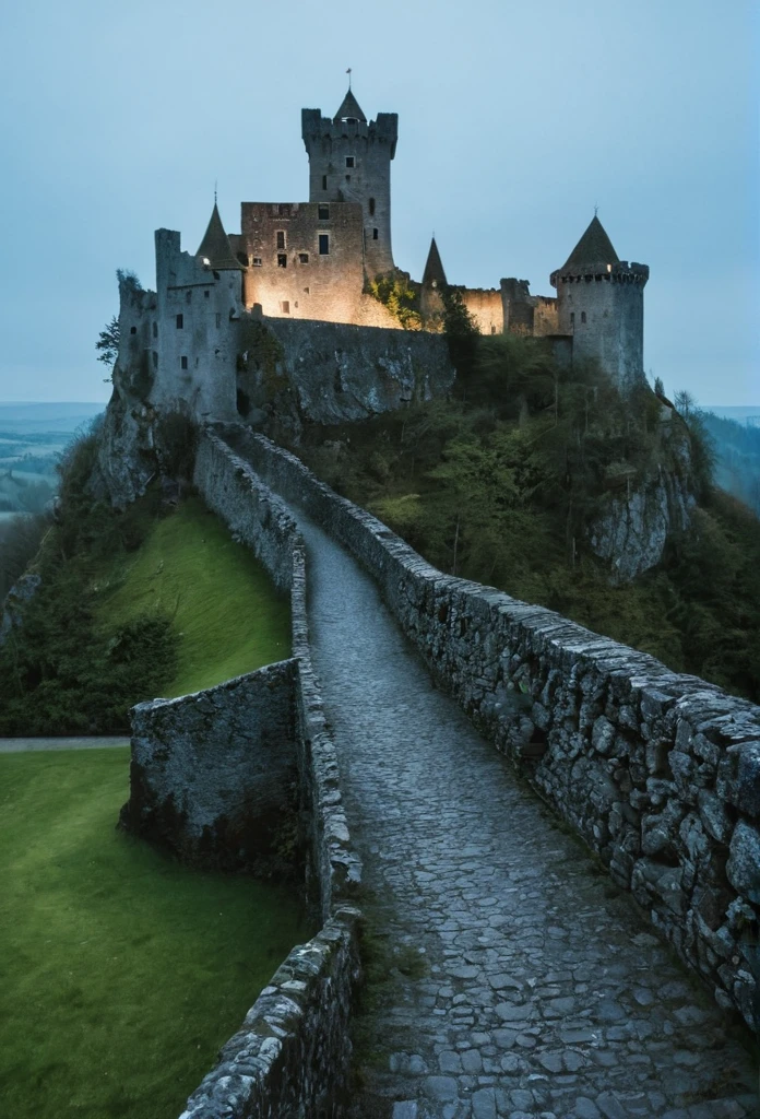 A photo of night landscape,bran's Castle, Dunvegan's Castle, Dunnottar's Castle,Malahide Castle,Predjama Castle,a medieval Village castle sitting on top of a rugged  rocky   Mountain,black marble Mountain,haunted Castle,Village caste,half ruined caste, half abbandoned Castle, Stone bridge,wooden rooftop, mist,eerye athmosphere,4k, realistic, analog style, film grain, 35mm,ultra