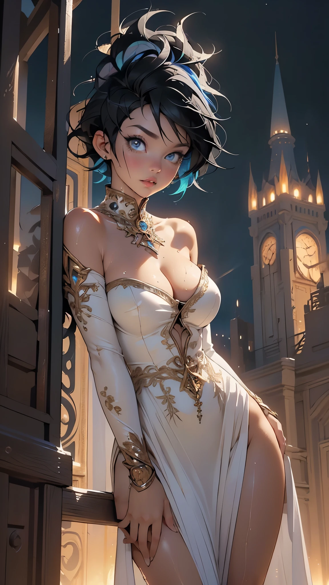 (Standing on a dark street),(Street lamp),(Unobtrusive lighting),(Night),Random posture, (Very delicate and beautiful work), (Masterpiece), 1girl, a girl in a white dress, HIGH DETAILS, Waist leak, Distorted ponytail, Charming look, Beautiful clear eyes, Green pupil, Delicate necklace, Delicate earrings, Fairy ears, Simple blurred background , Super detailed description, Beautiful, Charming, Ultra definition painting, Delicate face, Delicate figure, Thin collarbone, Beautiful lips, Beautiful tits, Soft back figure, mix4,(8k, RAW photography, best quality, Masterpiece: 1.2), (photoreal, realistic: 1.37),1 girl,cute,cityscape, night, rain,wet, professional lighting, photon mapping, radiosity, Physically based rendering, --auto --s2