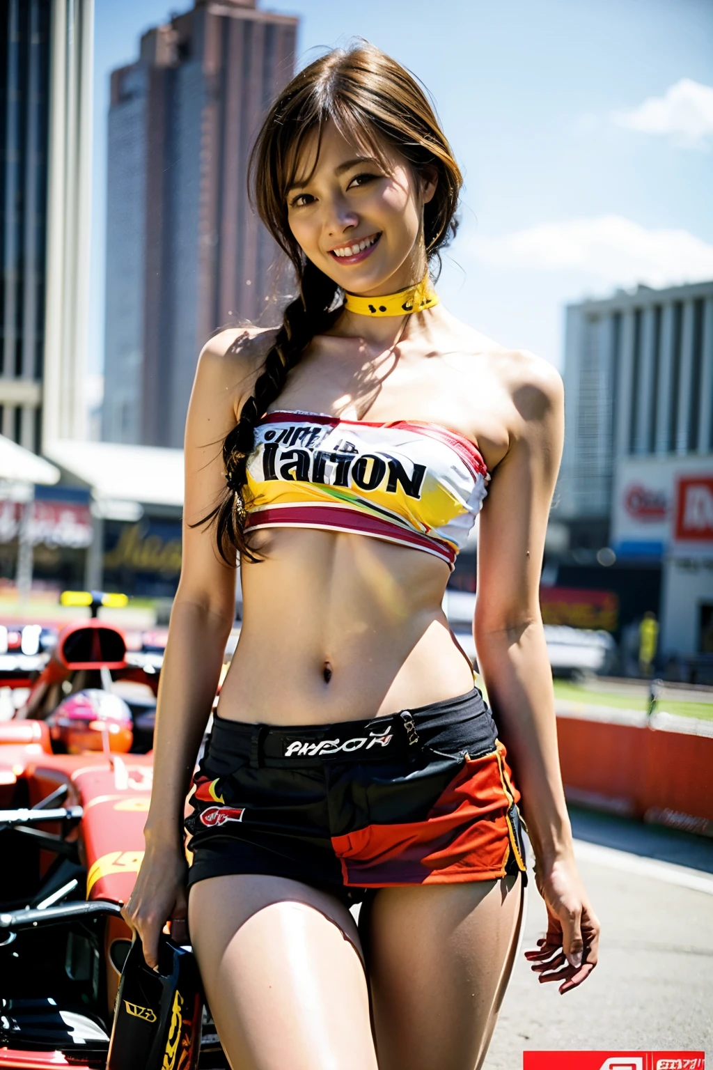 (((One Shoulder Grid Girl Costume))),(((Dynamic pose))),(((Abdominal Peek))),(((Show under the chest ))),(((Miniskirt lift))),(((Exposing inner thighs))),(((Showing off a Formula One car))),Urzan-6500-v1.1, (RAW Photos:1.2), (Photorealistic:1.4), Beautiful detailed girl, Very detailed目と顔, Beautiful attention to detail, Very detailed, High resolution, Highest quality, masterpiece, Very detailed, 8k wallpaper, wonderful, In detail, Highest quality, Light on the face,Cinema lighting,One Girl,(Auto Racing Track),Beautiful Eyes,smile,Open your mouth