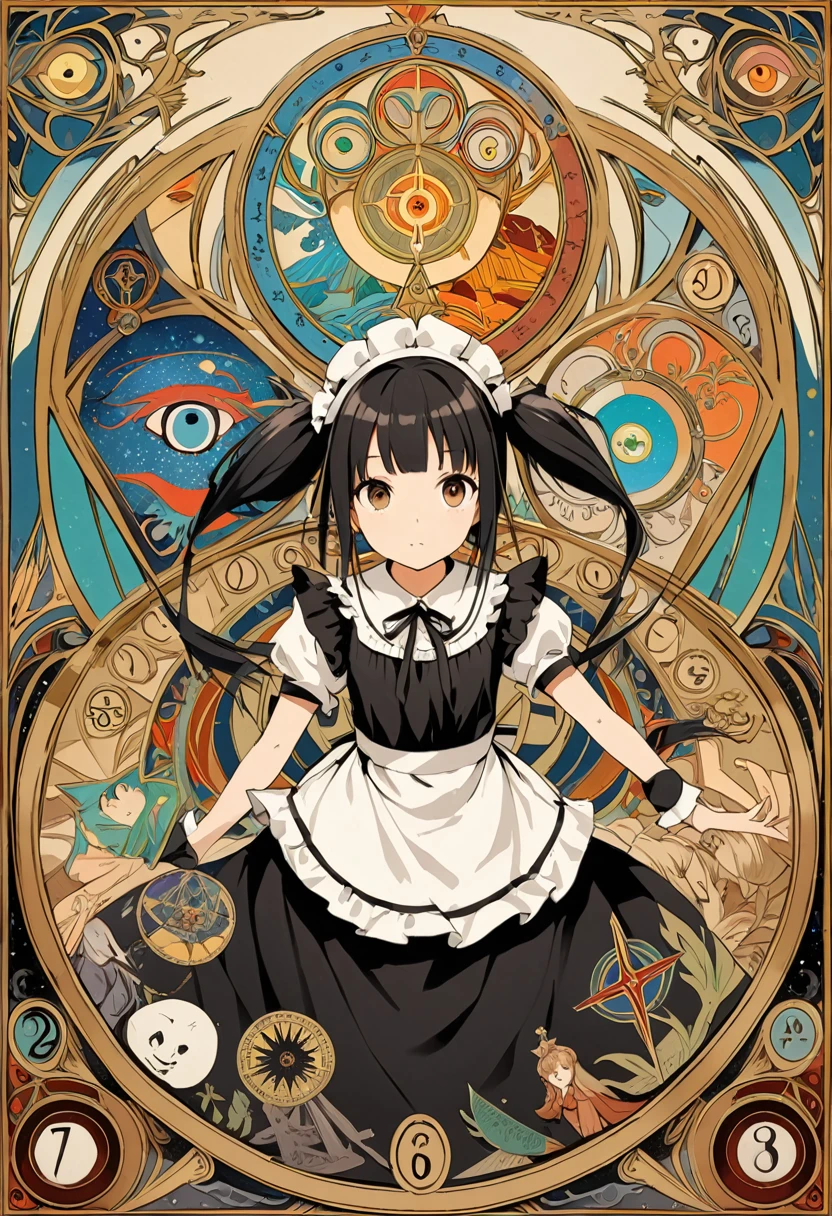 artwork, Better Quality, beautiful girl, Girl in black maid outfit、Black hair in twin tails, Symbolism, Visual art, Occultism, universal, Vision Casting, philosophy, Iconography, Number secrets, Popularity, art, Alphonse Mucha&#39;s, Highest quality, sf、ゼンダングルart