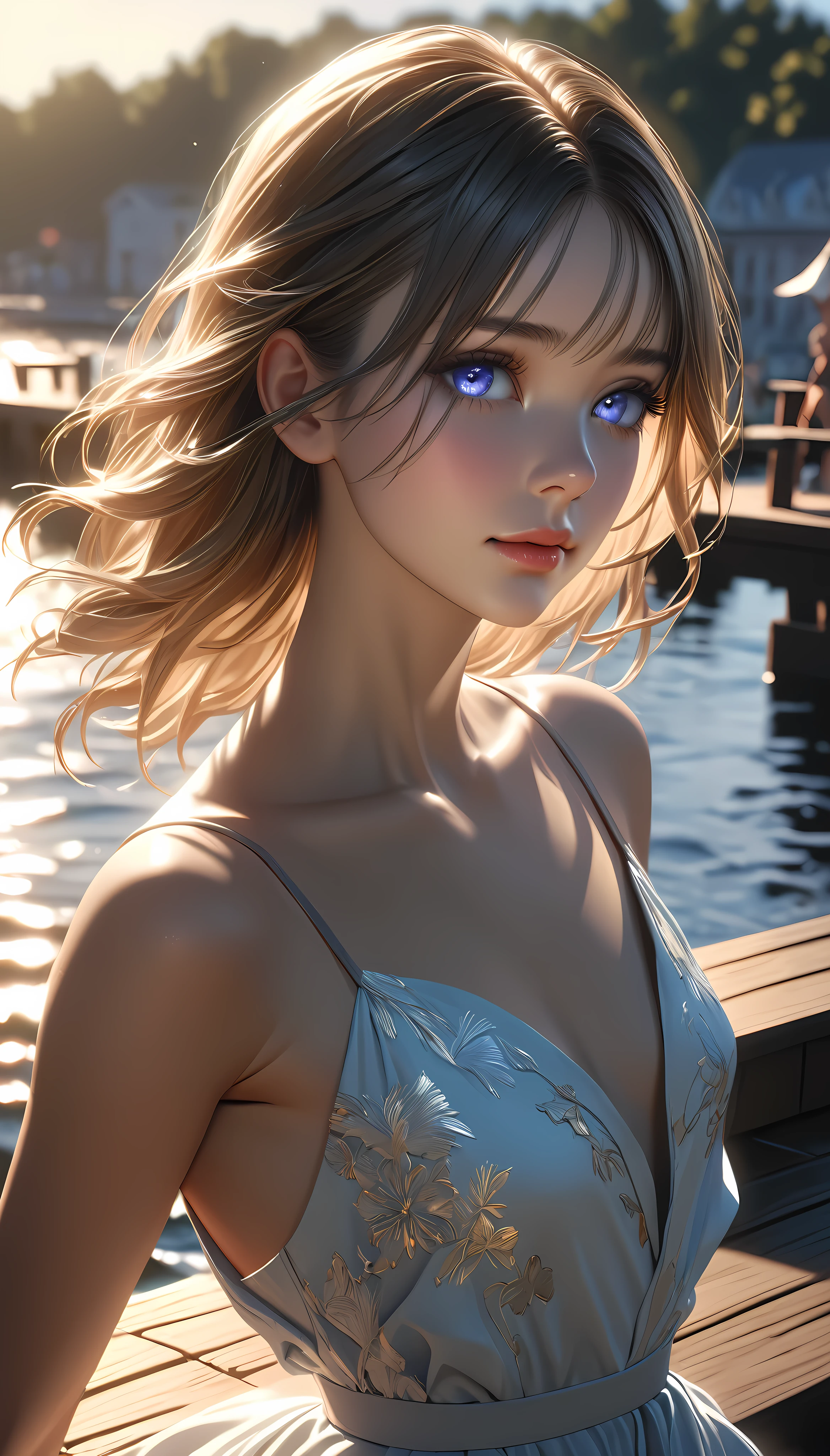 a beautiful young woman, solo, detailed eyes, (Model shooting on the pier:1.17), Summer performance, backlighting, ARW, (best quality,4k,8k,highres,masterpiece:1.2),ultra-detailed,(realistic,photorealistic,photo-realistic:1.37),intricate details,vivid colors,cinematic lighting,soft focus,elegant pose,serene expression,dramatic shadows,volumetric lighting