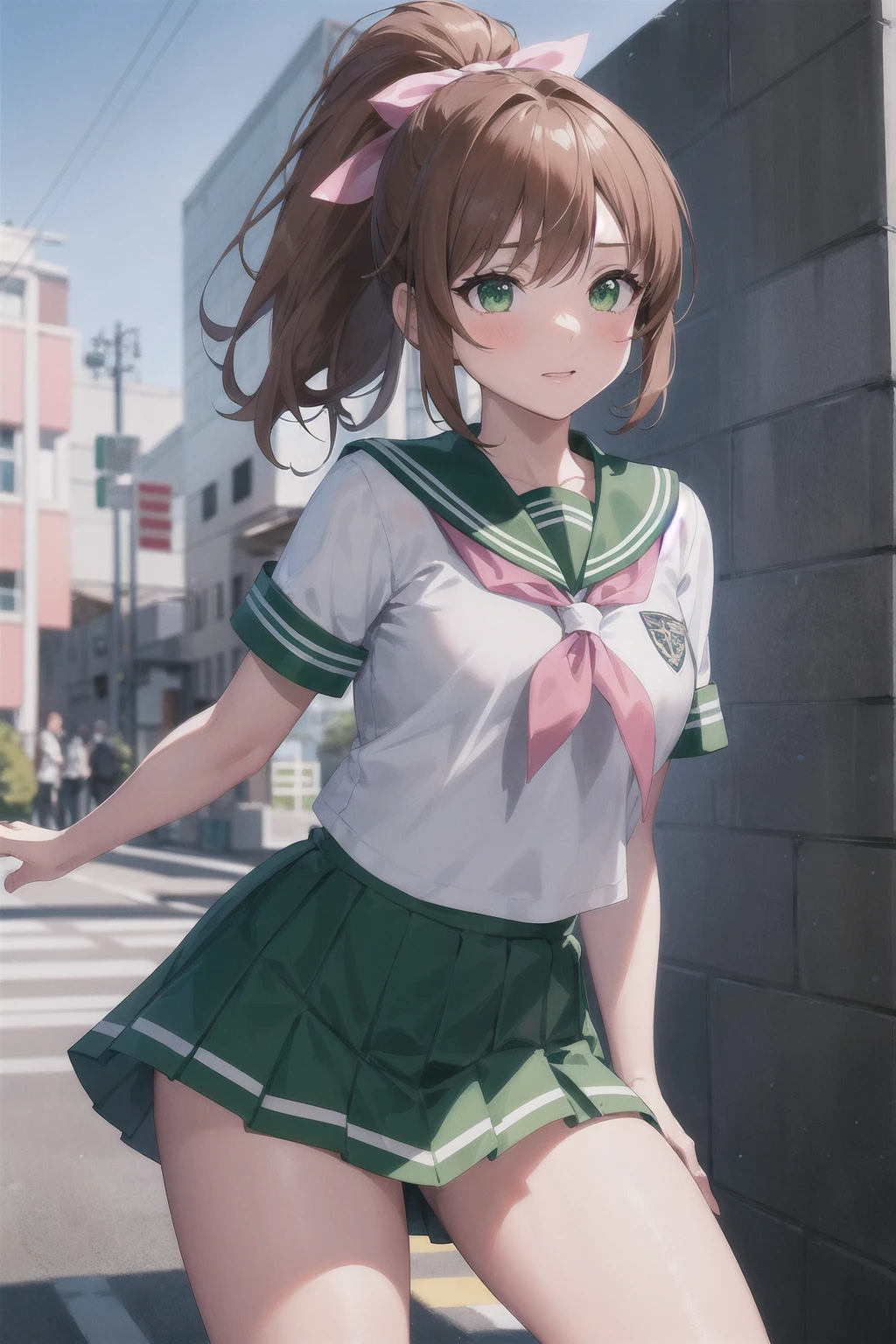 masterpiece, Highest quality, Absurd, Perfect Anatomy, Smu Jupiter, Smu JupiterOutfit, Green sailor collar, Green Skirt, Sailor Warrior Uniform, ponytail, Are standing, Green Eyes, Brown Hair, Pleated skirt, Green Skirt, boots, Pink ribbon, Cowboy Shot, Dynamic posture, Outdoor, city, One girl, 