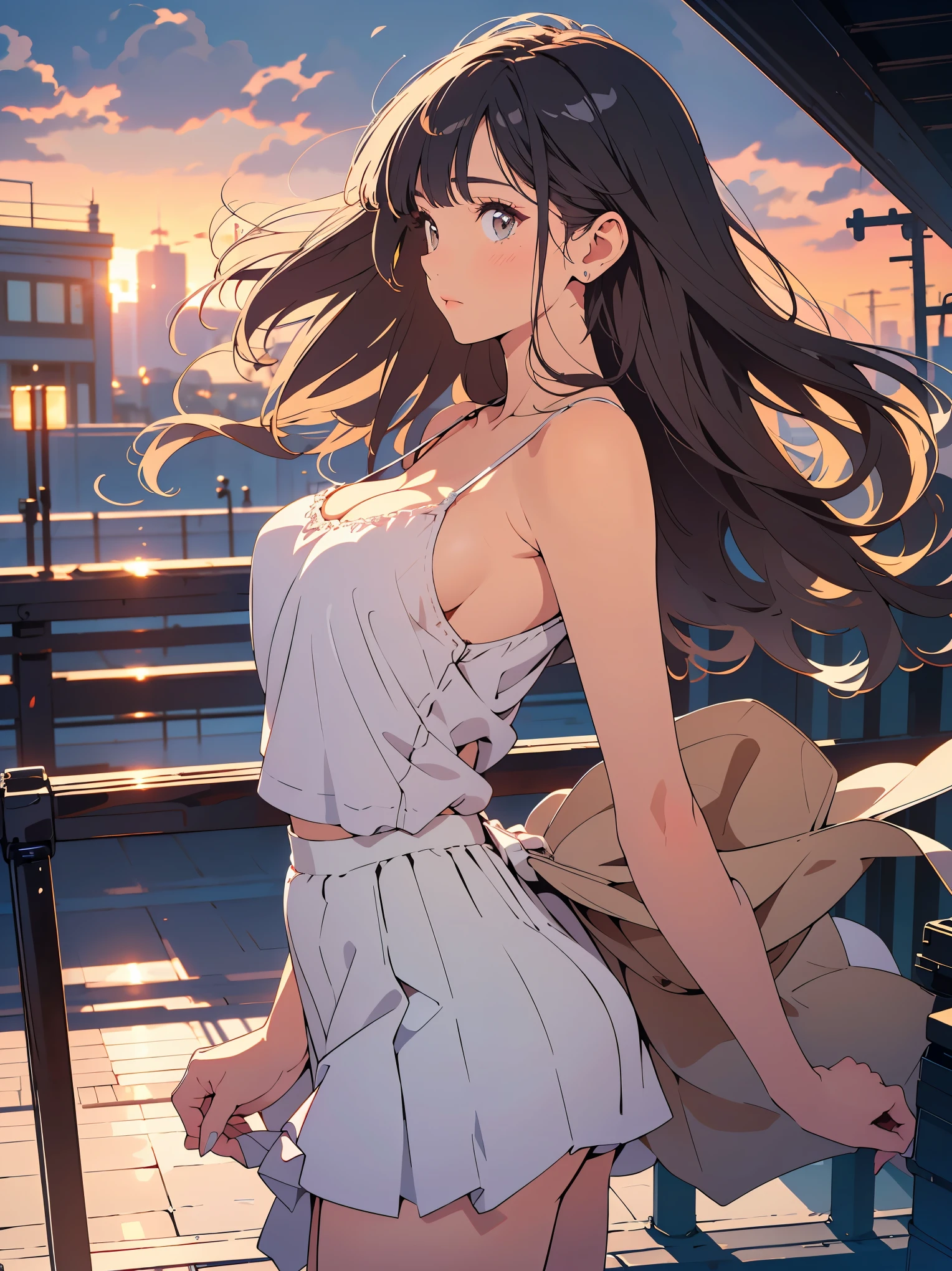 Realistic, high quality, Ultra-high resolution photos, Very beautiful photos, Breathtaking beauty, perfection, Glossy highlight on cheeks, perfectionなボディ, Biologically accurate limbs, cute, Beautiful Face, beautiful bangs, Glowing White Skin, Natural skin texture, bangs, Split down the middle, Beautiful and shiny hair, Smooth Hair, Thin Hair, beautiful bangs, Glowing White Skin, Natural skin texture, bangs, Split down the middle, Beautiful and shiny hair, Smooth Hair, Thin Hair, (Large Breasts:1.3), Focus on the whole body, Profile photo:1.1, (Camera shooting on the go), One Woman, 20th Generation, 1 person, (), (camisole, Tulle skirt), (Thighs), (Adult white panties), (Exposing your buttocks, Legs like a model), (Skirt and hair fluttering in the wind), Gray wavy hair City, Natural light, Golden Hour, retro color, (Profile of a woman standing facing the sunset)