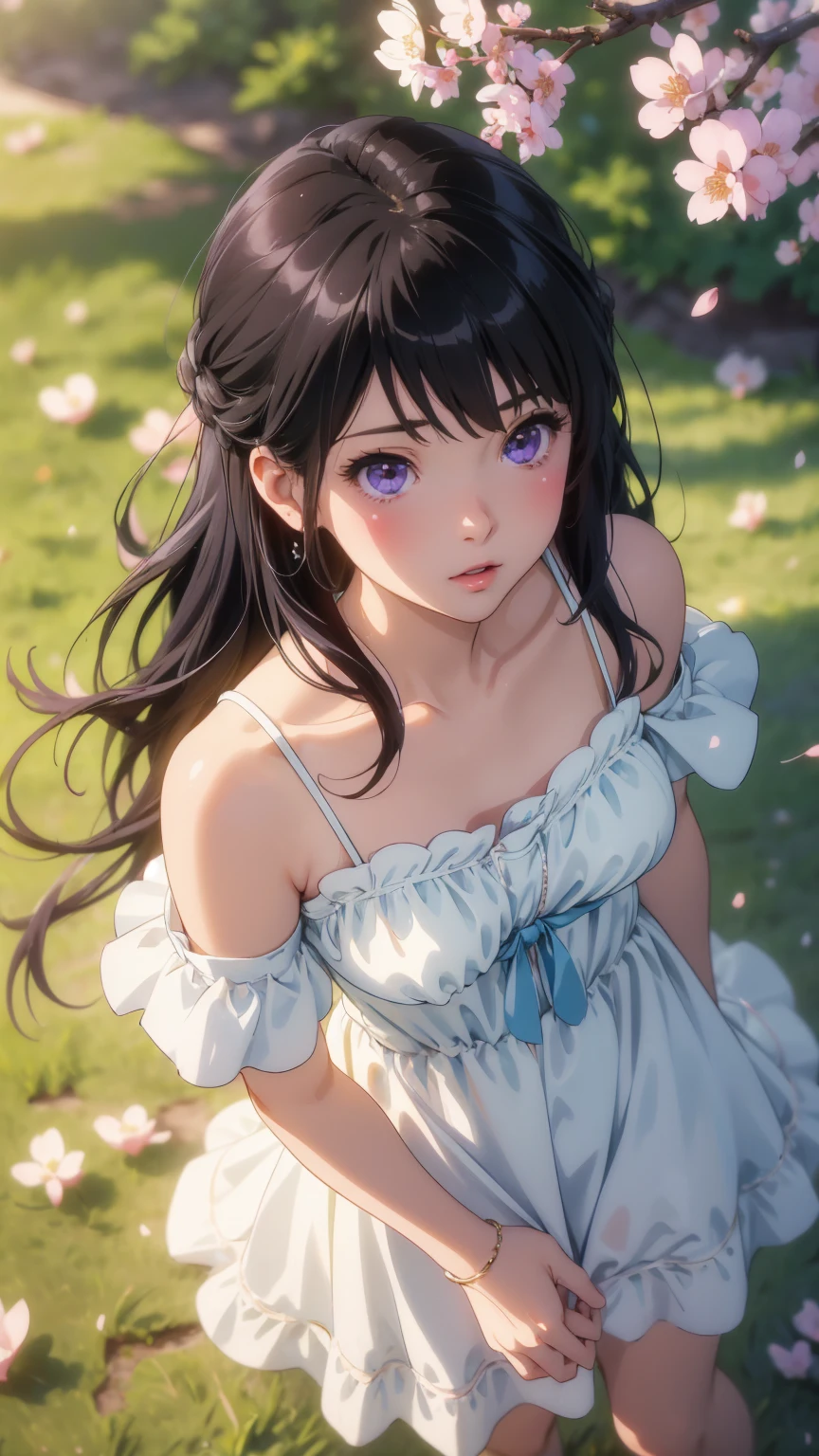 (top quality, 4K, a high resolution, masterpiece:1.2, Ultra image detail),  View from above,   one girl,  black hair, long hair, purple eyes, Ultra detailed eyes, blush, bangs, Ultra detailed lips, A happy expression on his face, Barefoot,    Beautiful Blue dress, Dress Before hips, Naked shoulders, Cleavage,   Background((Sakura Fubuki)falling cherry blossoms、A cherry tree,a beautiful park, a square、Cherry Meadow and the Wind))