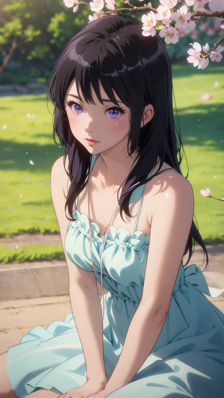 (top quality, 4K, a high resolution, masterpiece:1.2, Ultra image detail),   one girl,  black hair, long hair, purple eyes, Ultra detailed eyes, blush, bangs, Ultra detailed lips, A happy expression on his face, Barefoot,    Beautiful Blue dress, Dress Before hips, Naked shoulders, Cleavage,   Background((Sakura Fubuki)falling cherry blossoms、A cherry tree,a beautiful park, a square、Cherry Meadow and the Wind))