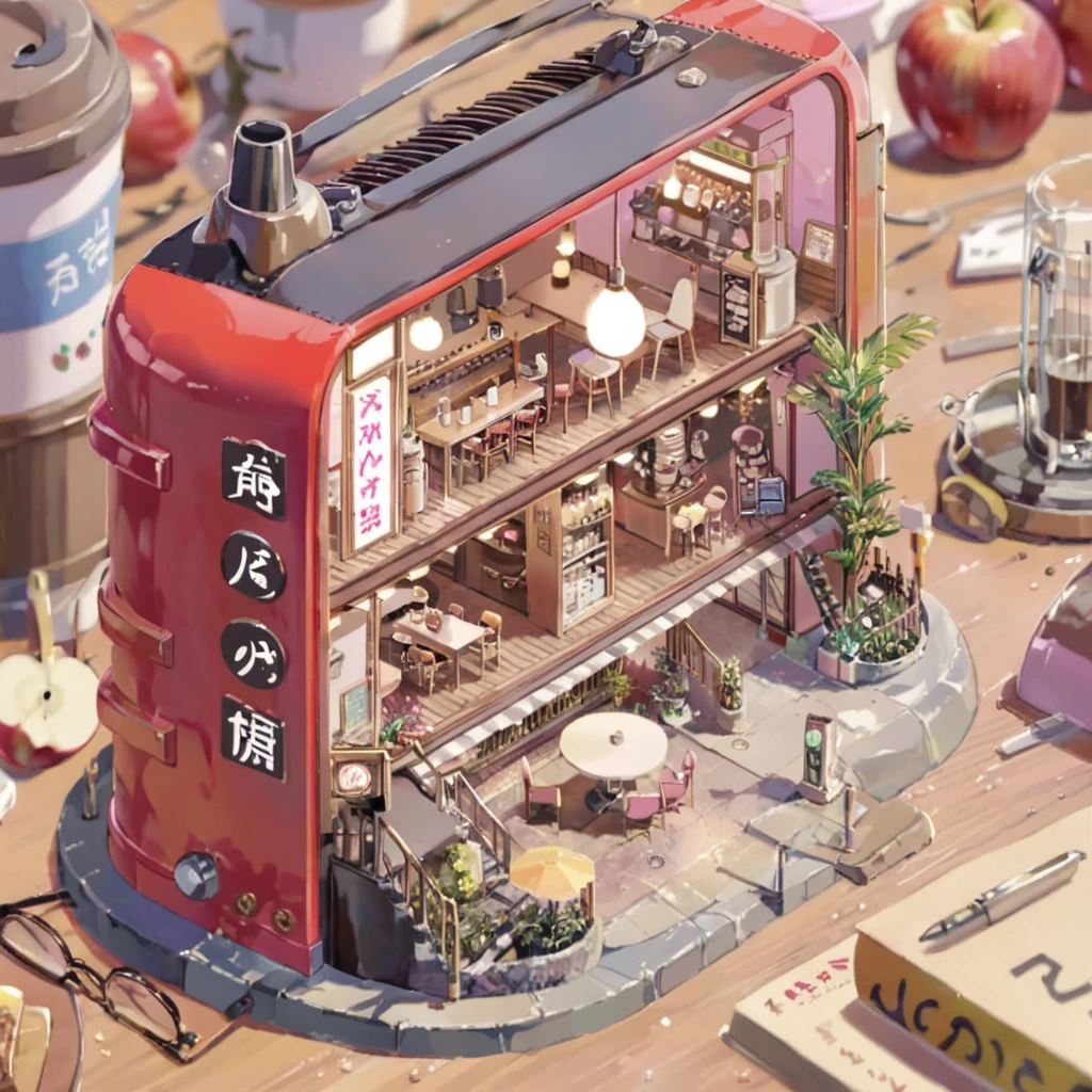 ((tilt-shift photography)), (((cafe in side of apple))), ((anime:1.4,illustration)),(masterpiece, top quality, best quality),(ultra-detailed, absolutely resolution),((16k, high res)). BREAK {lofi art, style of Laurie Greasley, style of Makoto Shinkai, style0of kawaii anime aesthetic}