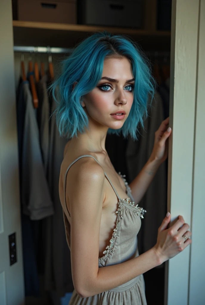 (Best quality), ((artistic realization)), (ultra detailed), Woman 20 Years Old Nordic Ethnicity, Short blue hair with a perfect face and light freckles, Blue-Green Eyes,(masterpiece, best quality, ultra realistic, 32k, RAW photo, detail skin, 8k uhd, dslr, high quality, film grain:1.1), portrait, lady, deep purple Off-the-shoulder top/dress, (Mint green gradient background, led light, edge light, simple background), ((Color palette - turquoise, neon green, yellow shades))