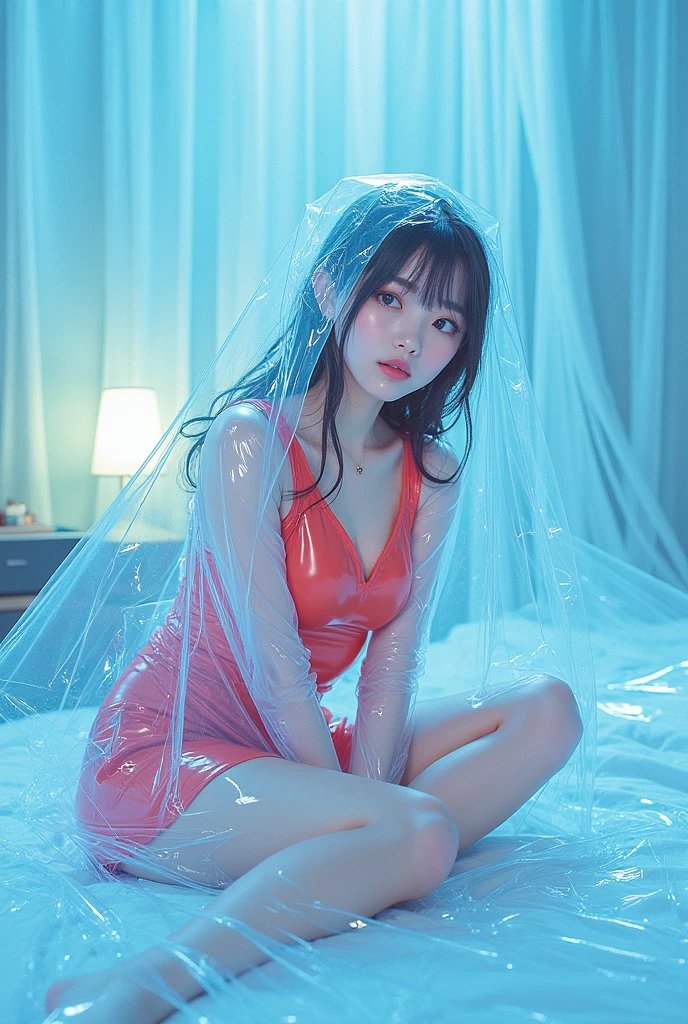 8K, Ultra Detail, Ultra Realistic, HDR, 3 girls, young, Full body shot, 13 years old, Child figure, Small, cute, Exhibitionism, Thin legs, Thrusting waist, in bed, bedsheets, Thin, wet skin, shiny white skin, wet from rain, water, a large amount of water coming from the crotch, chest and face, wet, very long red nightgown, pool, wet spots, wet underwear, blond hair