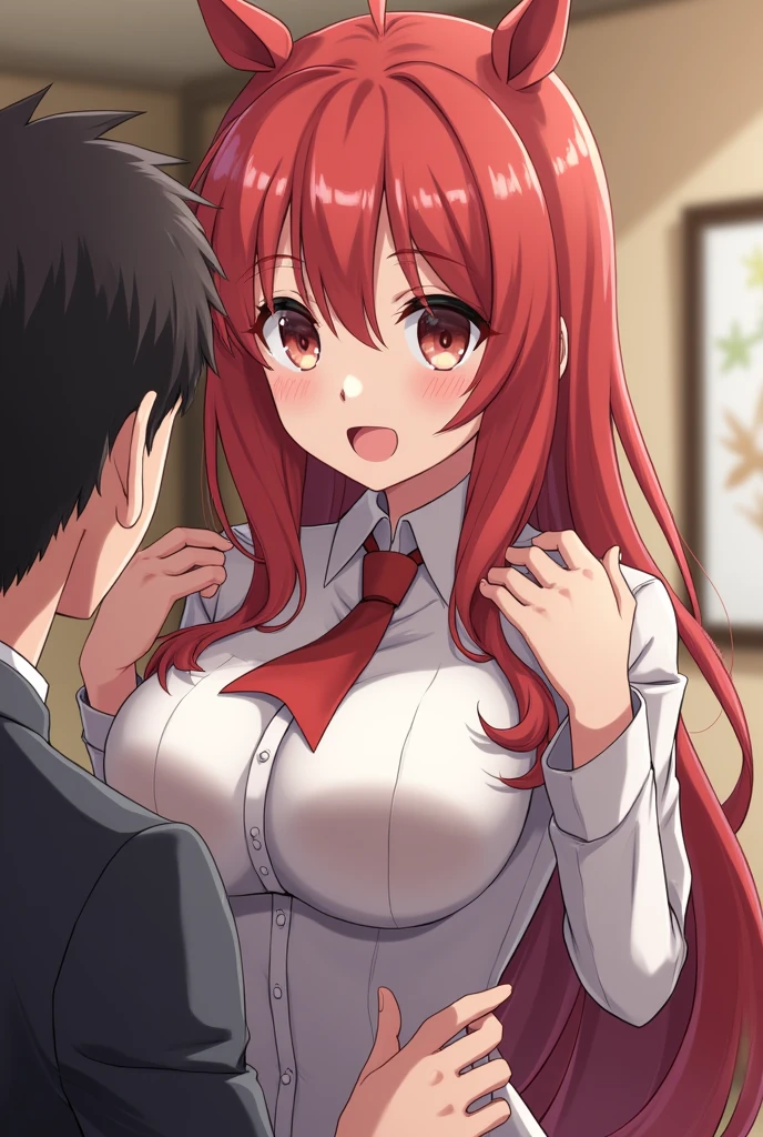 curvy, Rias Gremory nsfw, (1girl, kiss,gangbang,back,2boys:1.6), () ,long red hair, emerald green eyes, large expressive eyes, pale clear skin, full chest, slim waist, athletic legs