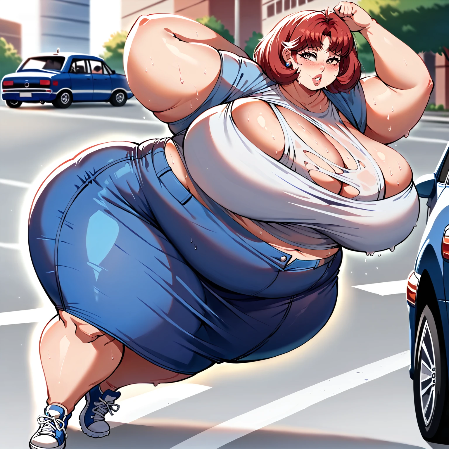 masterpiece, best quality, super detail, 4k, 1girl, (female ssbbw, white sleevless top, blue skirt:1.1), bbw, sexy milf, mature, street(busy street, trucks), gigantic breasts, shoes, red hair, extremely wide hips:4.0, massive thighs:4.0, massive calves, massive ass, sexy expression, aroused, sweaty, (getting turned on, looking at viewer, sexually suggestive pose, standing, eyes open, eyes very well defined (high priority), pupils very well defined(High priority)),(Face close to viewpoint) , Image in anime style, add detail