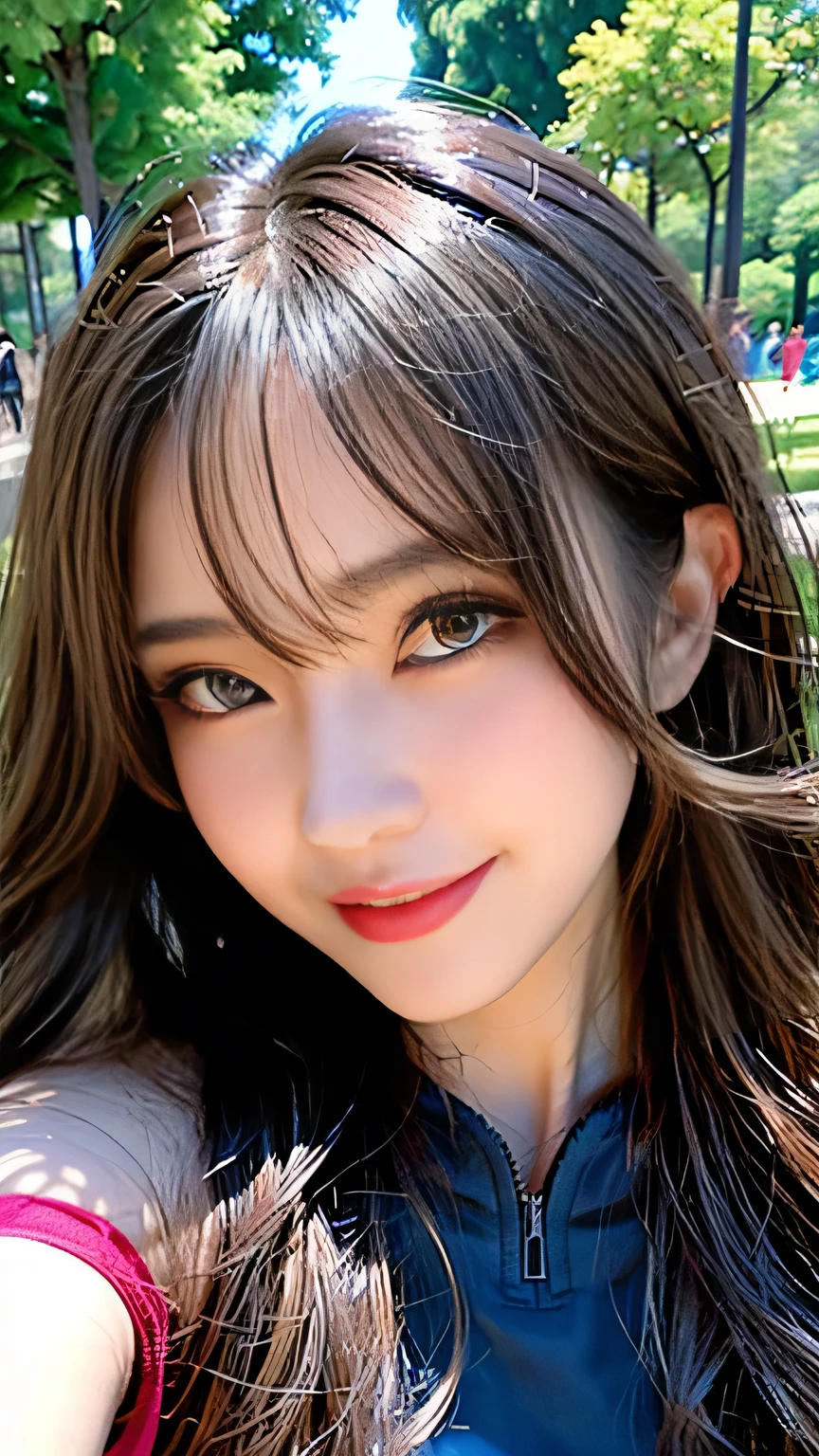 seed;2372725988,((Full Body Angle))、((Front hair:1.3))、((Highest quality, 8k, masterpiece: 1.3)), concentrated: 1.2, Cute 1,Nipples erect、 Perfect beauty: 1.4,Summer off-the-shoulder cropped T-shirt、Letter Print、Shorts: 1.2,Long sleeve、Randall Color、comics&Text Graphics、Black ruffle-trimmed drawstring zip blouse,1.1, Highly detailed face and skin textures, Fine grain, double eyelid, whitening skin, ,Highest quality,Ultra-high resolution,you,1 person,alone,_Shiny_skin,Iris,necklace,((brown_length_Wavy_hair)),(lips)),eyelash,Front hair,deal with,compensate,Shiny,pore,skin,Large Breasts、((Smile))、Walking in the park、Selfie、((close-up))
