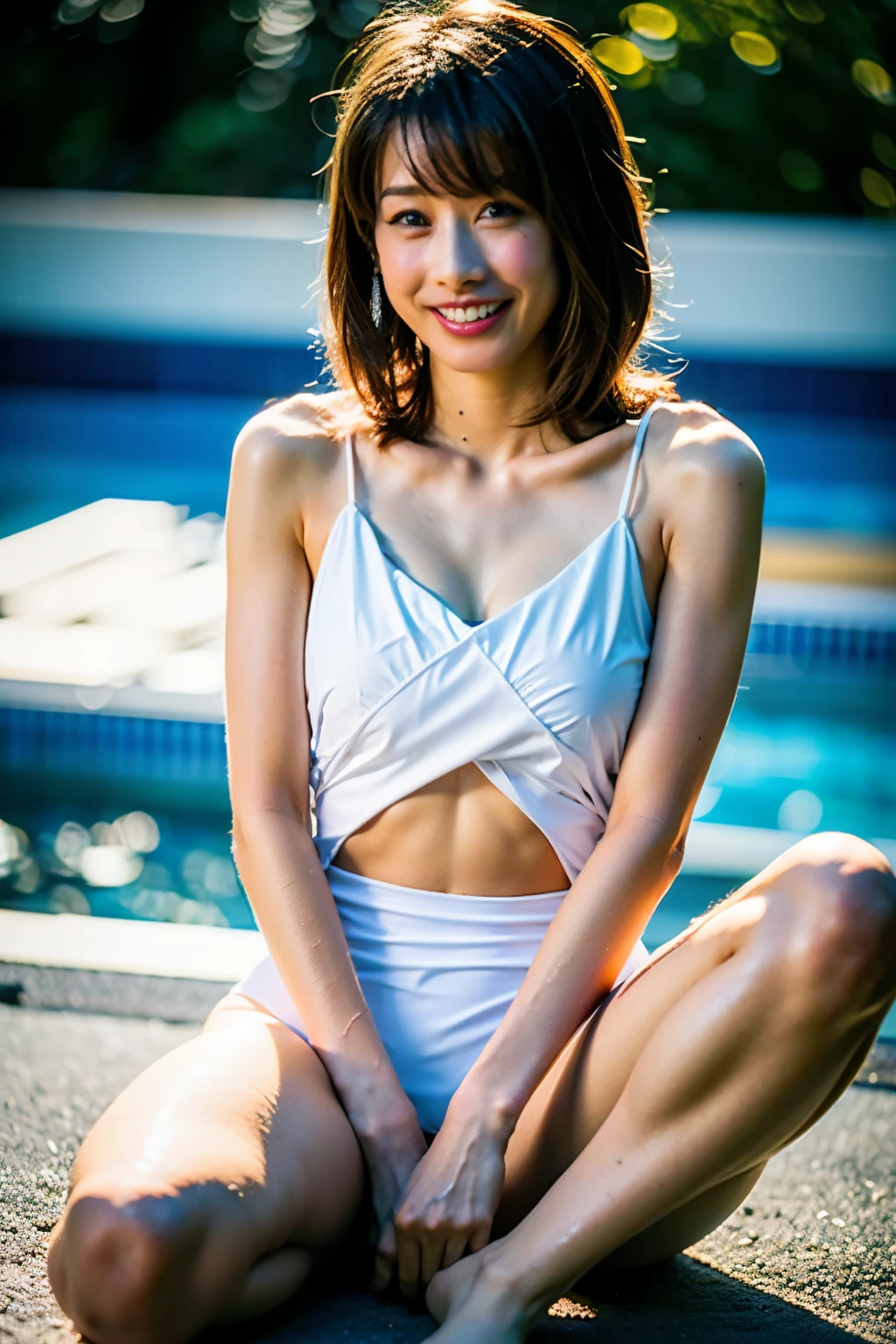 (highest quality, masterpiece: 1.2), naked woman, portrait, (no clothes: 1.0), ((short bob hair: 1.1)), fine skin texture , D cup breasts, beautiful breasts,pink nipples,pink areola ,outdoors, sunlight filtering through the trees: 1.3, 35 year old woman, her body is natural and unadorned, displayed rich, Intricate details of every curve and straight line, The sun's rays dance delicately on her tanned body, supple skin, vibrant and lively, A celebration of natural beauty. information