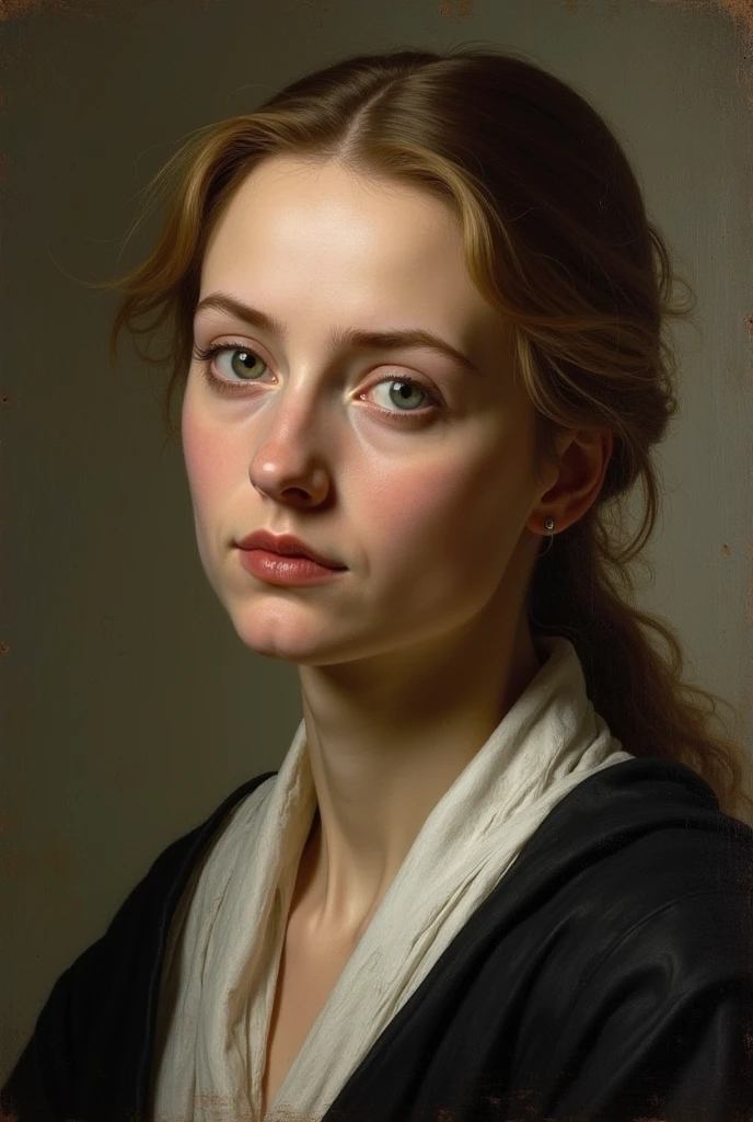Make a painting similar to Michelangelo's by making one with dark blonde hair, green eyes and old clothes.