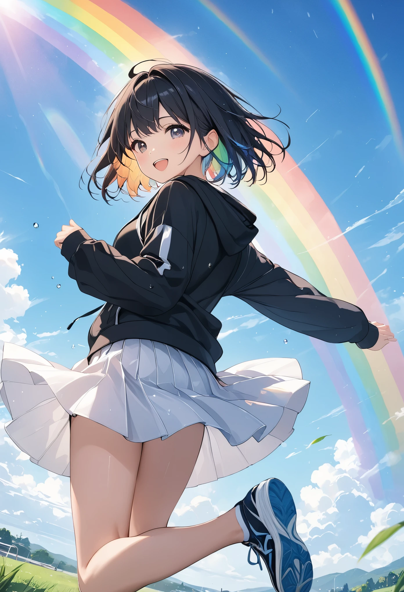 アニメ、((Amazingly absurd)),(masterpiece:1.2),超High resolution, Attention to detail, high quality, High resolution, 最high quality, 4K, 8k、Black hoodie、White Skirt、Black Hair、short hair、:d、cute、Running figure、A rainbow appears in the sky after the rain、Summer sky、(Jump),(Back view),Backlight,Close-up