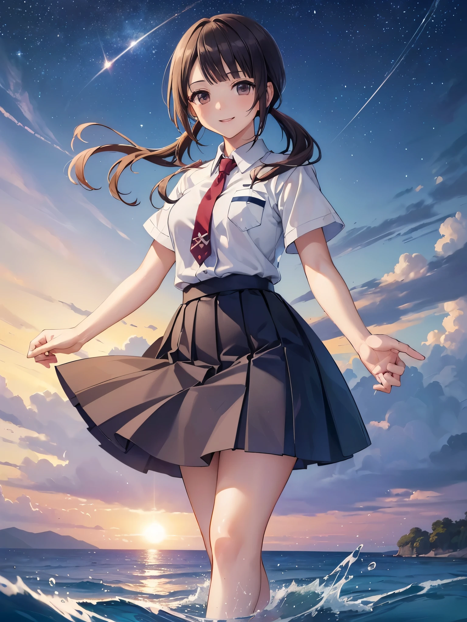 (16K,Ultra-high resolution,Highest quality,masterpiece,Very detailed,Extremely clear CG),okitasawa, low twintails,Sun rising from the horizon,coast before dawn:1.3,Very beautiful starry sky:1.3,white shirt, short sleeves, red necktie, blue skirt,((Very detailed顔の特徴:1.3)), ((Beautiful and perfect face,:1.3)) ((Perfect Eyes:1.3)),((Anatomically correct body:1.3)),walking on water,Splashing water effects,((happy smile:1.3))