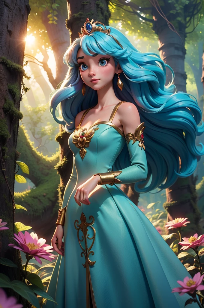 (masterpiece) 16K high resolution, forced perspective, capturing details clearly. Studio Ghibli-style scene, with a fusion of anime art style, whimsy, and impressionism. A dazzlingly beautiful princess is enchanted by the lush forest, her flowing hair in pastel tones. Her face shows a mix of curiosity and wonder. She wears an elegant, flowing celestial blue dress adorned with intricate patterns. The setting is a lush and vibrant fantasy forest. In the foreground are colorful flowers, while the middle of the shot features fruits on tall trees and leaves illuminated by the sun, creating a soft and ethereal glow. The scene is composed in a medium shot with a low-angle view, emphasizing the majesty of the princess as she admires the forest, making her appear larger-than-life. The subtle tilt of the camera adds cinematic charm, while the soft natural light filtered through the trees enhances the beauty of the princess and the magical atmosphere of the forest. A princess admiring in a fantasy forest.