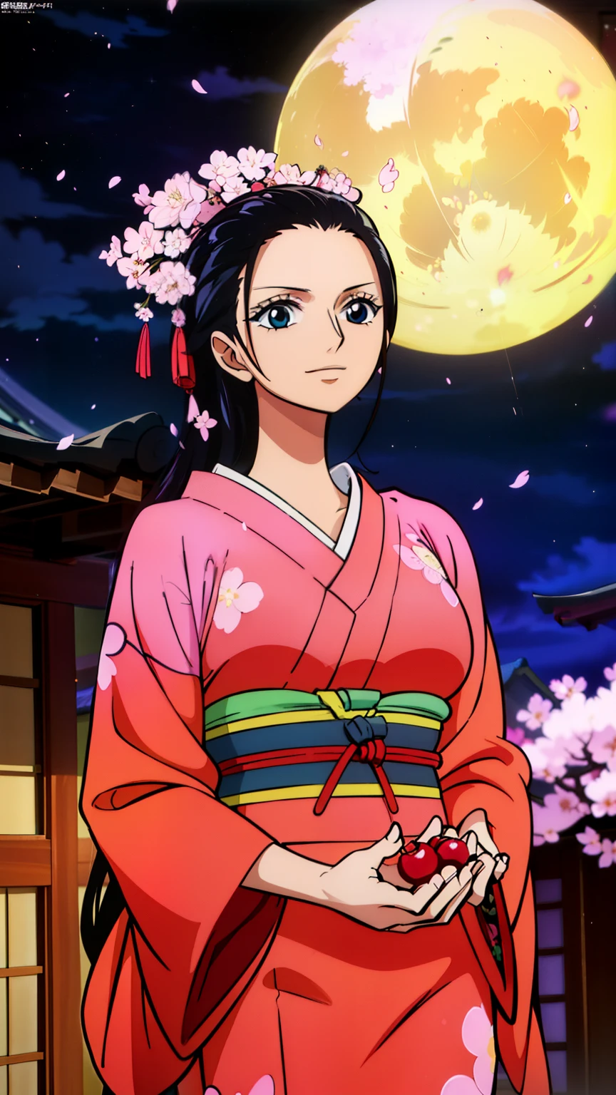 (masterpiece, best quality, high resolution, 8K:1.2), anime coloring, detailed, from one piece, one piece style, Nico Robin, woman with long black hair, big medium breasts, happy expression and laughing, soft look, perfect hands, sexy, (oiran clothing, japanese-style room, night, moon, cherry blossoms), cowboy shot,dutch angle,