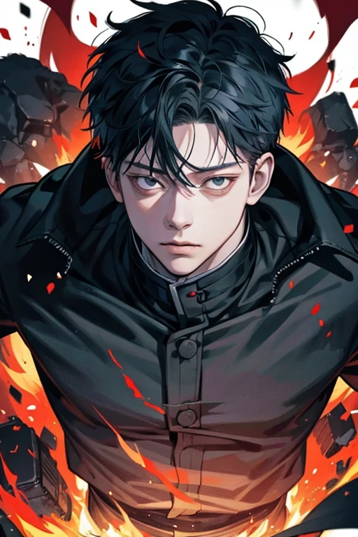 Young man, male , black eyes, wavy hair, black hair, black techwear, protective clothing, cool, explosions in background, war, shots, backpack, black gloves