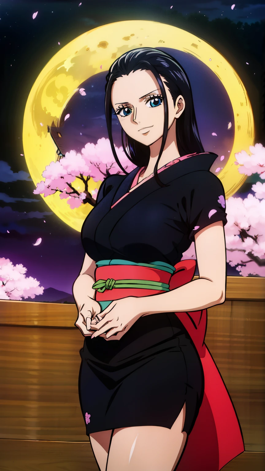 (masterpiece, best quality, high resolution, 8K:1.2), anime coloring, detailed, from one piece, one piece style, Nico Robin, woman with long black hair, big medium breasts, happy expression and laughing, soft look, perfect hands, sexy, (oiran clothing, japanese-style room, night, moon, cherry blossoms), cowboy shot, dutch angle, looking at viewer,