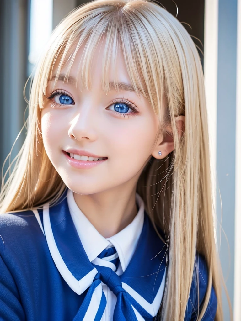 beautiful girl、Portraiture、blue sky、Bright and beautiful smile、young、very white and glowing skin、Ultimate beauty、光を眩しく反射するSuper longブロンドヘア、Beautiful natural platinum blonde、Super long、Silky straight hair、Long bangs between the eyes、Extraordinarily beautiful、big, The Shining, clear, Bright Blue Eyes、Very big eyes、Small face girl、Round face、Cheek Gloss Highlighter、(High School Uniform:1.5)