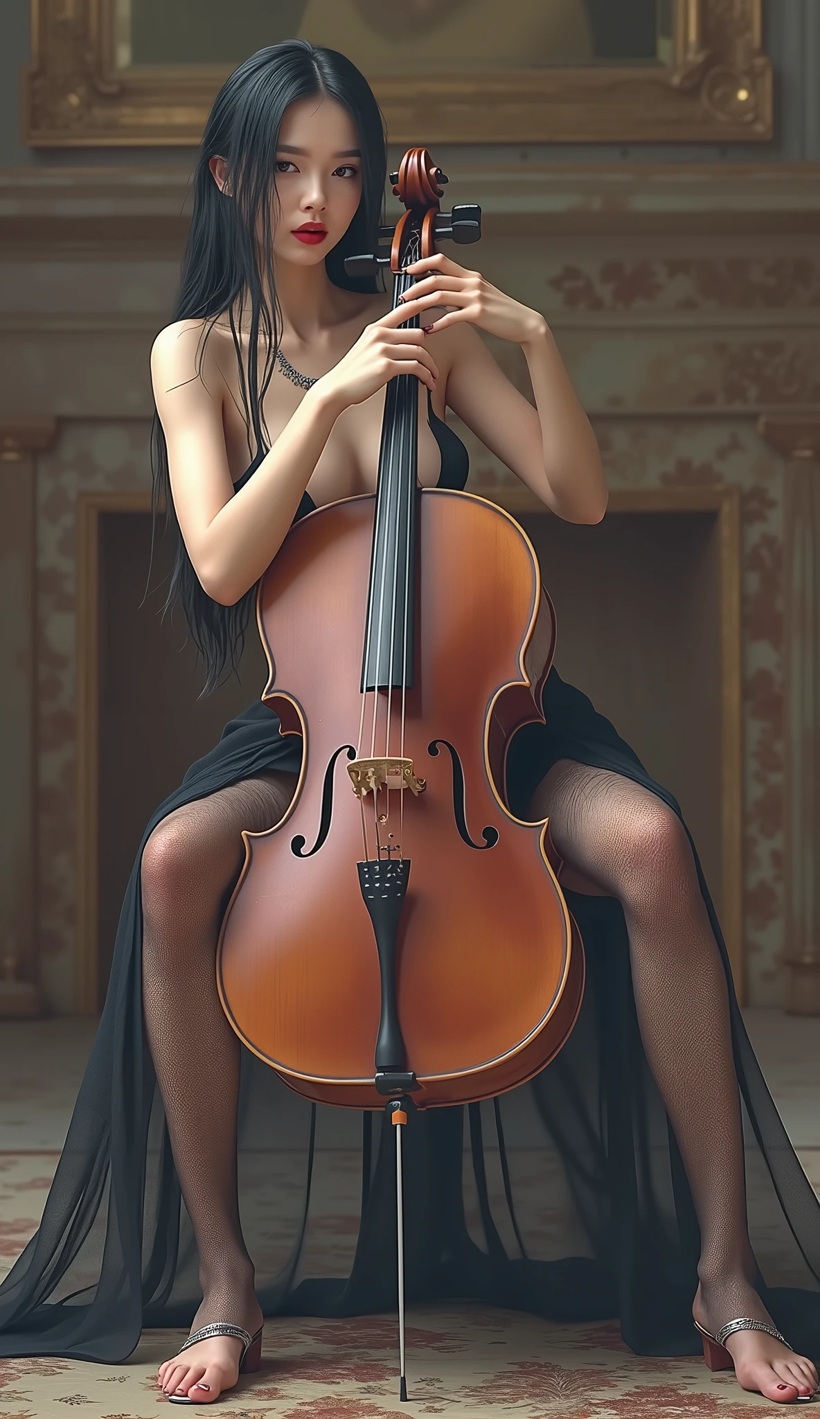 (photorealism:1.2) beautiful naked woman silver hair red eyes , nude with heels  , side view playing a black full grand piano 
