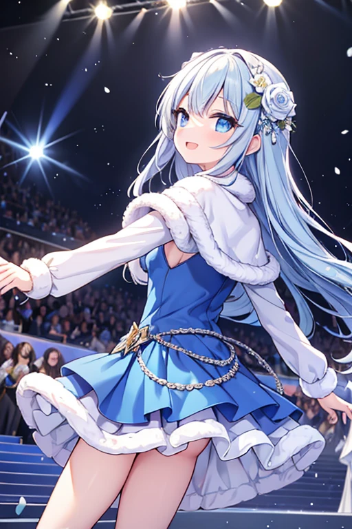 girl,audience,blue Capelet,blue dress,blue eyes,Capelet,catwalk (Sidewalk),Dot Nose,dress,Dutch Angle,tooth,Film Grain,flower,From the side,fur-trimmed Capelet,fur-trimmed dress,Fur trim,glowsticks,Let your hair down,hair flower,hair ornaments, Idol,Idol clothes,Lens flare,Long Hair,View your viewers,Open your mouth,Outstretched arms,Rose,smile,Crystal of snow,alone,Shine,stage,stage lights,star (symbol),white flower,white Rose ,