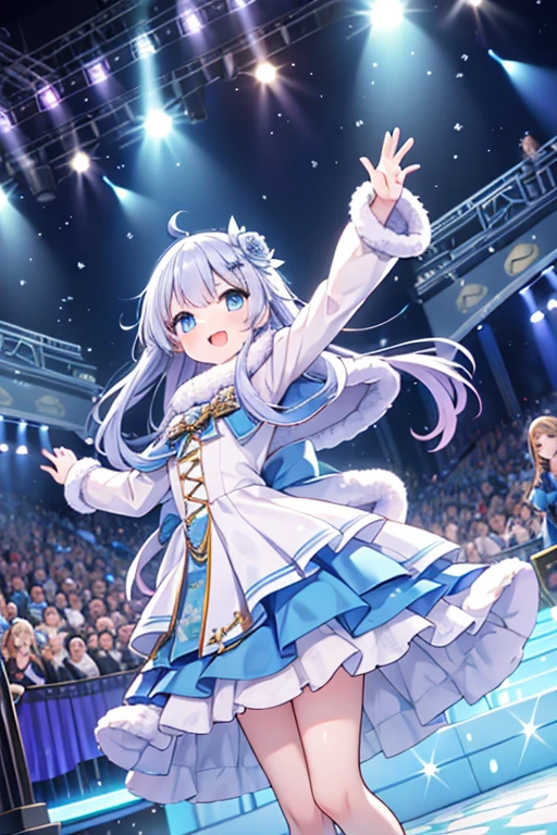 girl,audience,blue Capelet,blue dress,blue eyes,Capelet,catwalk (Sidewalk),Dot Nose,dress,Dutch Angle,tooth,Film Grain,flower,From the side,fur-trimmed Capelet,fur-trimmed dress,Fur trim,glowsticks,Let your hair down,hair flower,hair ornaments, Idol,Idol clothes,Lens flare,Long Hair,View your viewers,Open your mouth,Outstretched arms,Rose,smile,Crystal of snow,alone,Shine,stage,stage lights,star (symbol),white flower,white Rose ,