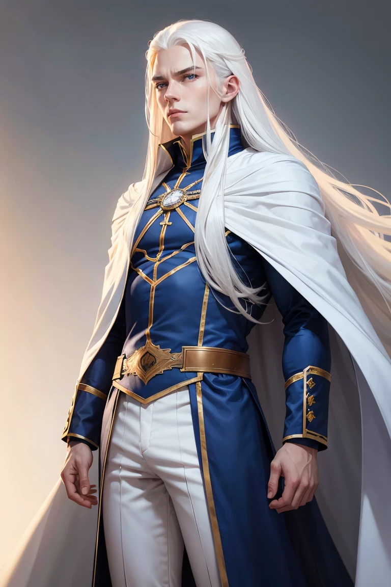 white hair, long hair, male, muscle, blue eyes, long cape, collar uniform, emotionless, simple background, standing