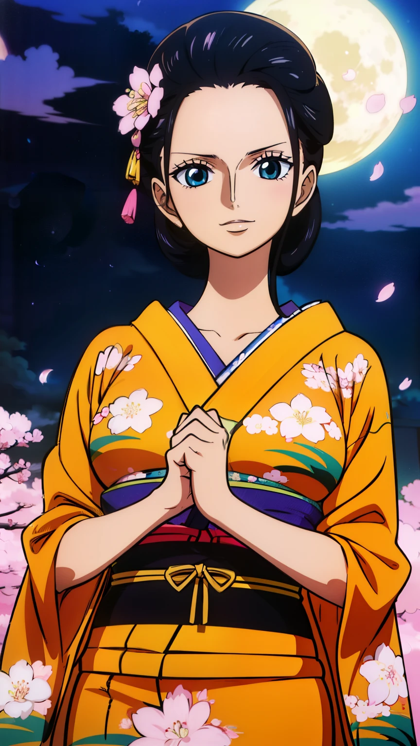 (masterpiece, best quality, high resolution, 8K:1.2), anime coloring, detailed, from one piece, one piece style, Nico Robin, woman with long black hair, big medium breasts, happy expression and laughing, soft look, perfect hands, sexy, (oiran clothing, Japanese style hairpin, japanese-style room, night, moon, cherry blossoms), cowboy shot, dutch angle, looking at viewer,