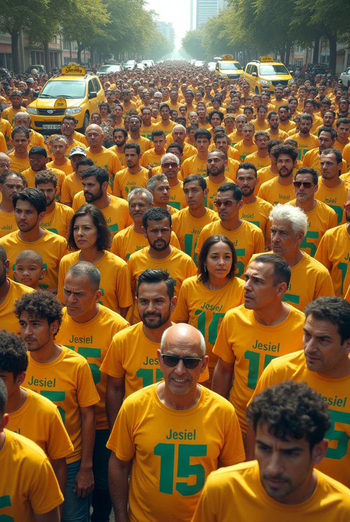 Desenhe uma cena em um local urbano ao ar livre, onde um homem magro e careca, veste uma camisa verde escura, the shirt is short sleeve style, is in the center of the image. The man is bald, O homem magro fica parado, as a crowd of people gathers around him. As pessoas em movimento, creating a blur of activity around the thin man. people very close to each other, Filling the open space in the city. The scene should be represented at an angle that highlights the thin man in the crowd and the urban atmosphere around him. The scene is done in half a scene, The man is facing, The people who are around are out of focus with Blur showing they're moving fast