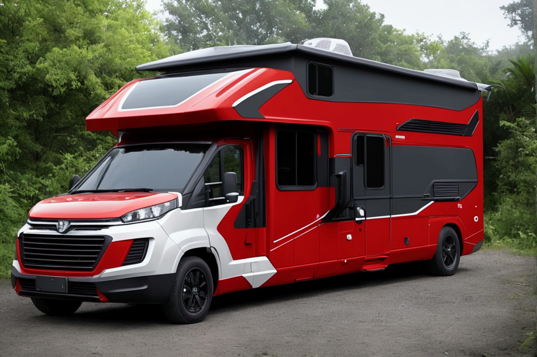 a lone future survivor rv, motorhome, highly detailed photographic image, vivid colors, red, green, blue, yellow, intense contrast, cinematic depth of field, masterfully composed, cinematic camera angle, quiet setting, wet floor, rain, photorealistic, 8k, studio lighting, physically-based rendering, extreme detail description, dramatic lighting, moody atmosphere, cinematic composition, environmental portrait