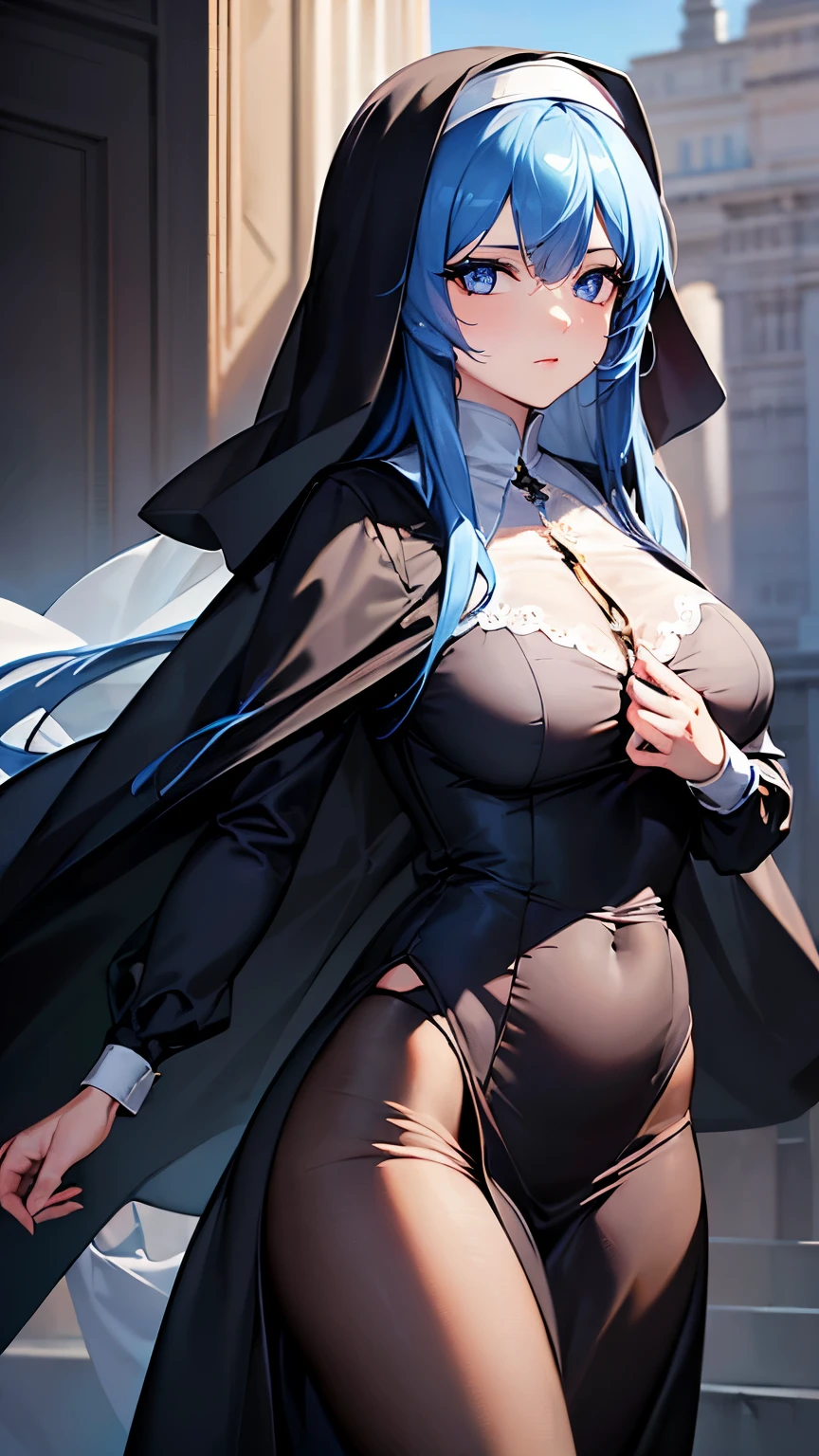 masterpiece, best quality, (extremely detailed CG unity 8k wallpaper), (best quality), (best illustration), (best shadow), absurdres, realistic lighting, High definition, Lady, solo, nun, loose outfit, prim, long veil, topaz blue eyes, perfect face, elegant, (topaz blue hair: 1.2), elegant pose, effect background, art by guweiz