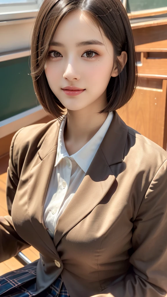 (A beautiful and cute high school girl in a school uniform is sitting in a chair in a high school classroom during lunch break:1.1), 
BREAK 
(She is wearing a brown blazer and a plaid pleated skirt as her uniform, with a red ribbon accent around her collar:1.1), 
BREAK 
(Photorealistic, 32k, RAW photo, best quality:1.4), (masterpiece:1.3), (absurdres, attractive, ultra high resolution, ultra realistic, highly detailed, golden ratio, ultra detailed:1.4), 
BREAK 
1 beautiful woman, super fucking beautiful detailed face, natural makeup, intricate cloth texture, finely detailed hair texture, beautiful detailed full-body, perfect female form, accurate, Anatomically correct, Highly detailed face and skin texture, (beautiful elegant hands), (realistic skin), (beautiful pale skin:1.1), beautiful Breasts, 
(Perfect dynamic composition, looking at viewer, extreme close-up:1.3),
BREAK 
(School uniform, brown blazer & plaid pleated & red ribbon accent around her collar, detailed cloth texture), 
BREAK,
realistic eyes, beautiful detailed eyes, symmetric eyes, captivating detailed eyes, light brown eyes, double eyelids, thin eyebrows, (glossy lips:1.4), (kissable expression, blush:1.3), (beautiful smile:1.1), 
BREAK,
((short bob cut, dark brown hair, bangs:1.2)), (Daytime, classroom:1.3)