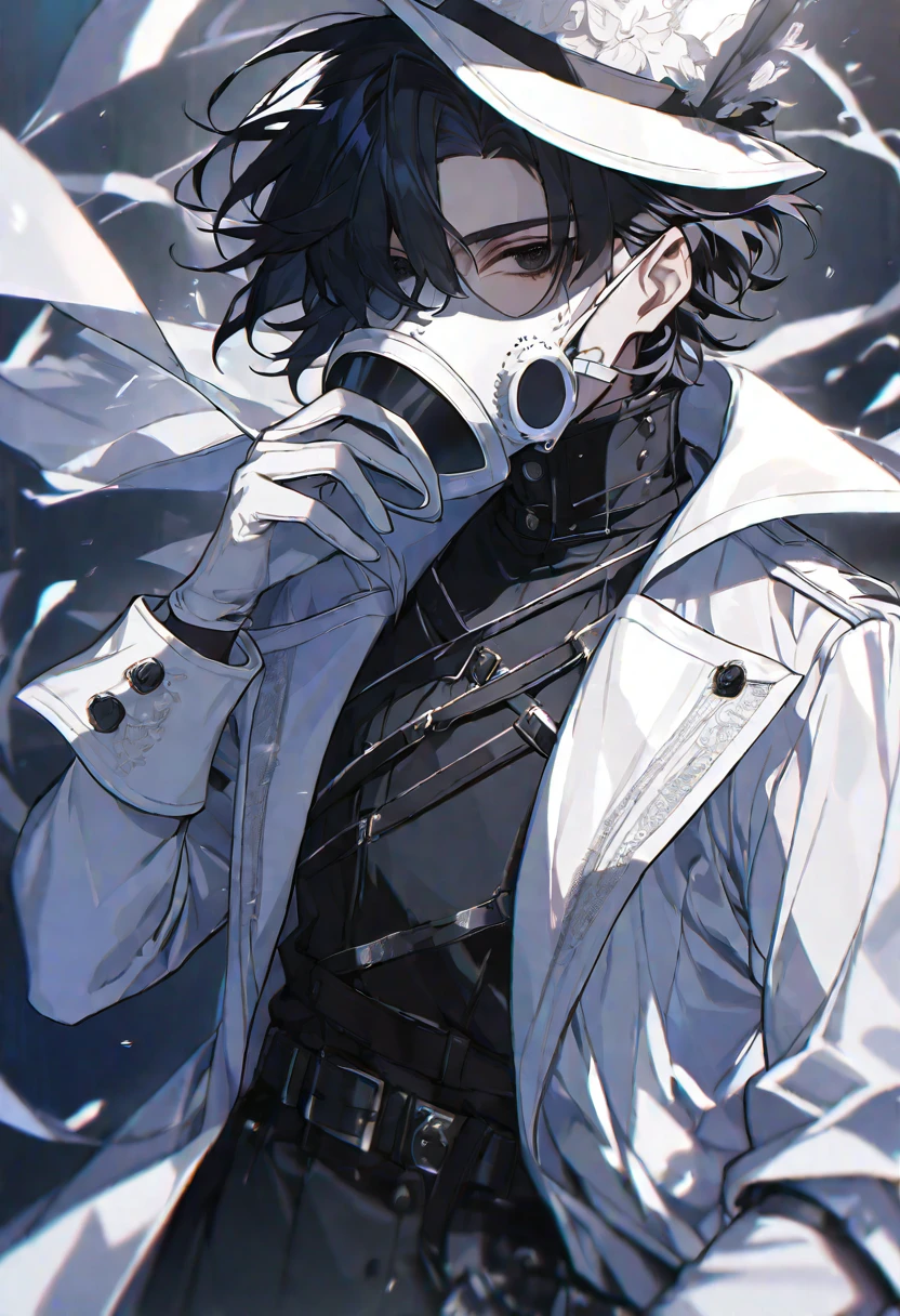 solo, handsome, 1 male, short hair, black color hair, black eyes, white coat, white gloves, white plague doctor mask, white top hat