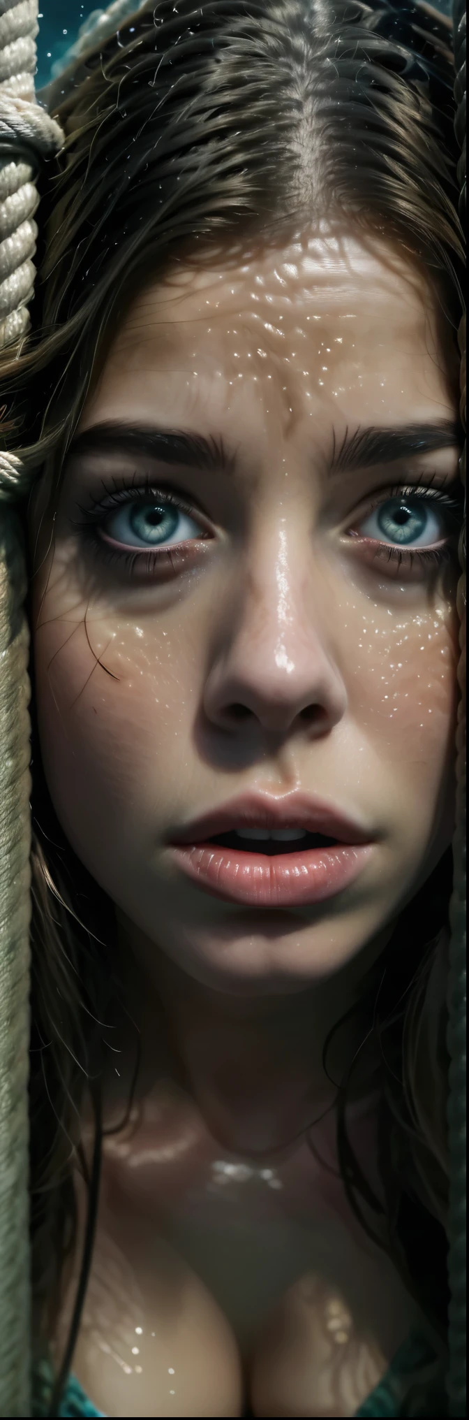 (a girl tied under pier), beautiful detailed eyes, beautiful detailed lips, extremely detailed eyes and face, long eyelashes, underwater, (ocean, pier, pier posts, rope, struggling), dramatic lighting, cinematic, moody, somber, dark, muted colors, (best quality,4k,8k,highres,masterpiece:1.2),ultra-detailed,(realistic,photorealistic,photo-realistic:1.37)