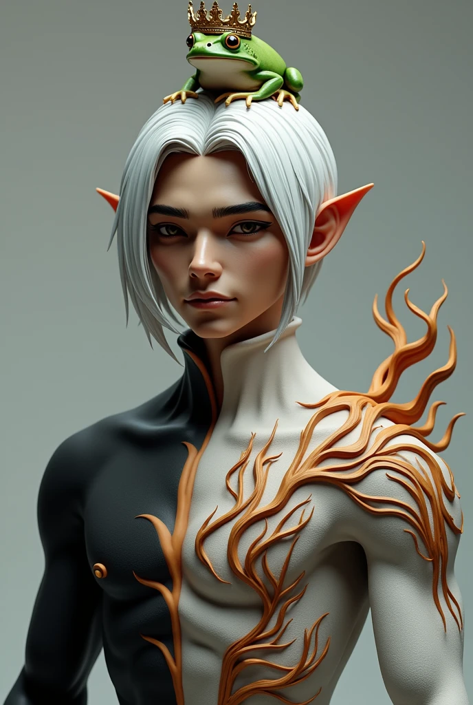 A realistic 3D character with white hair parted in the middle with a frog on top of the head a chest with flame details on the right arm white color on the left black color brown skin thin face male character