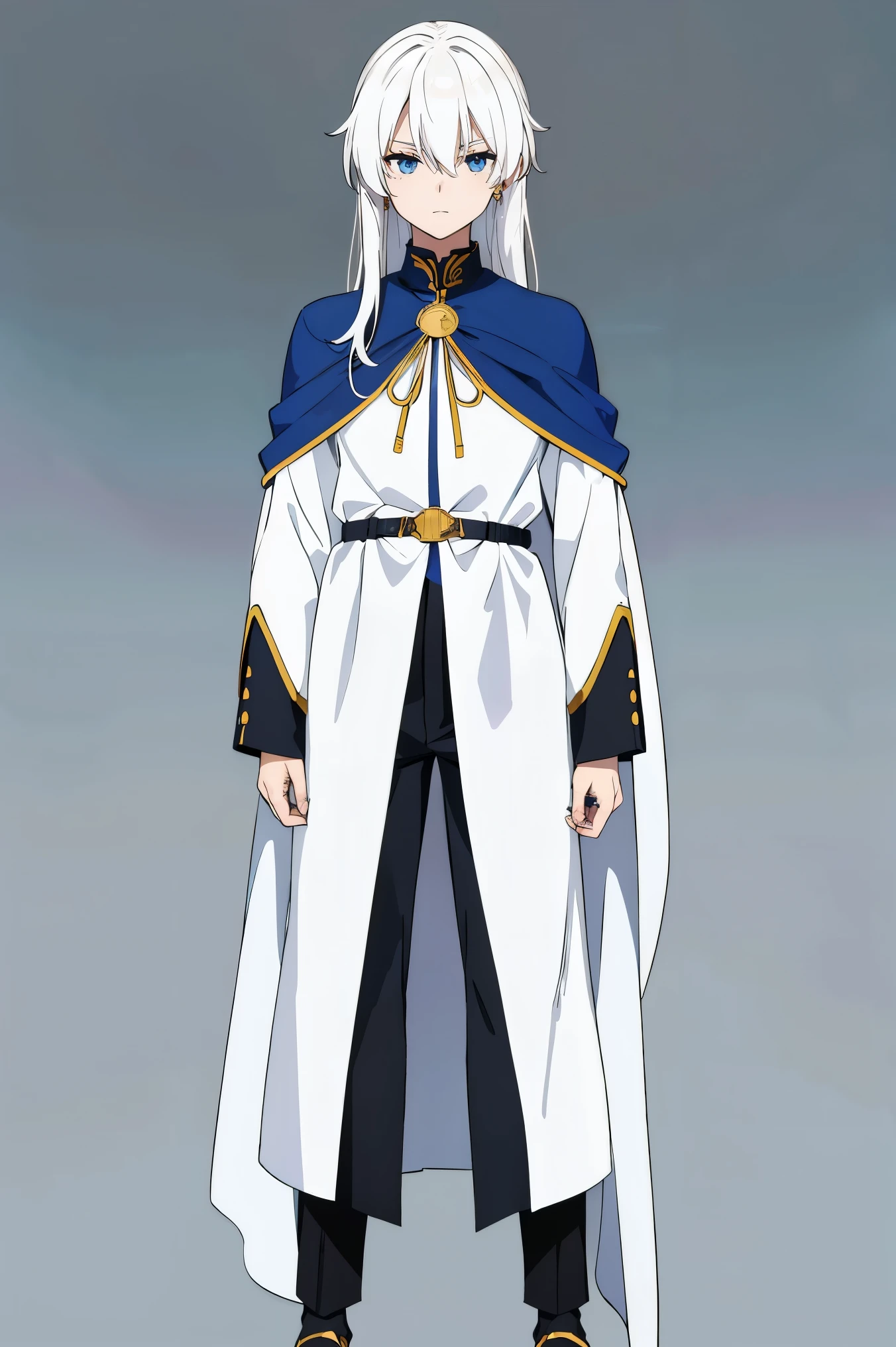 white hair, long hair, male, blue eyes, long cape, collar uniform, emotionless, simple background, standing, gold armor