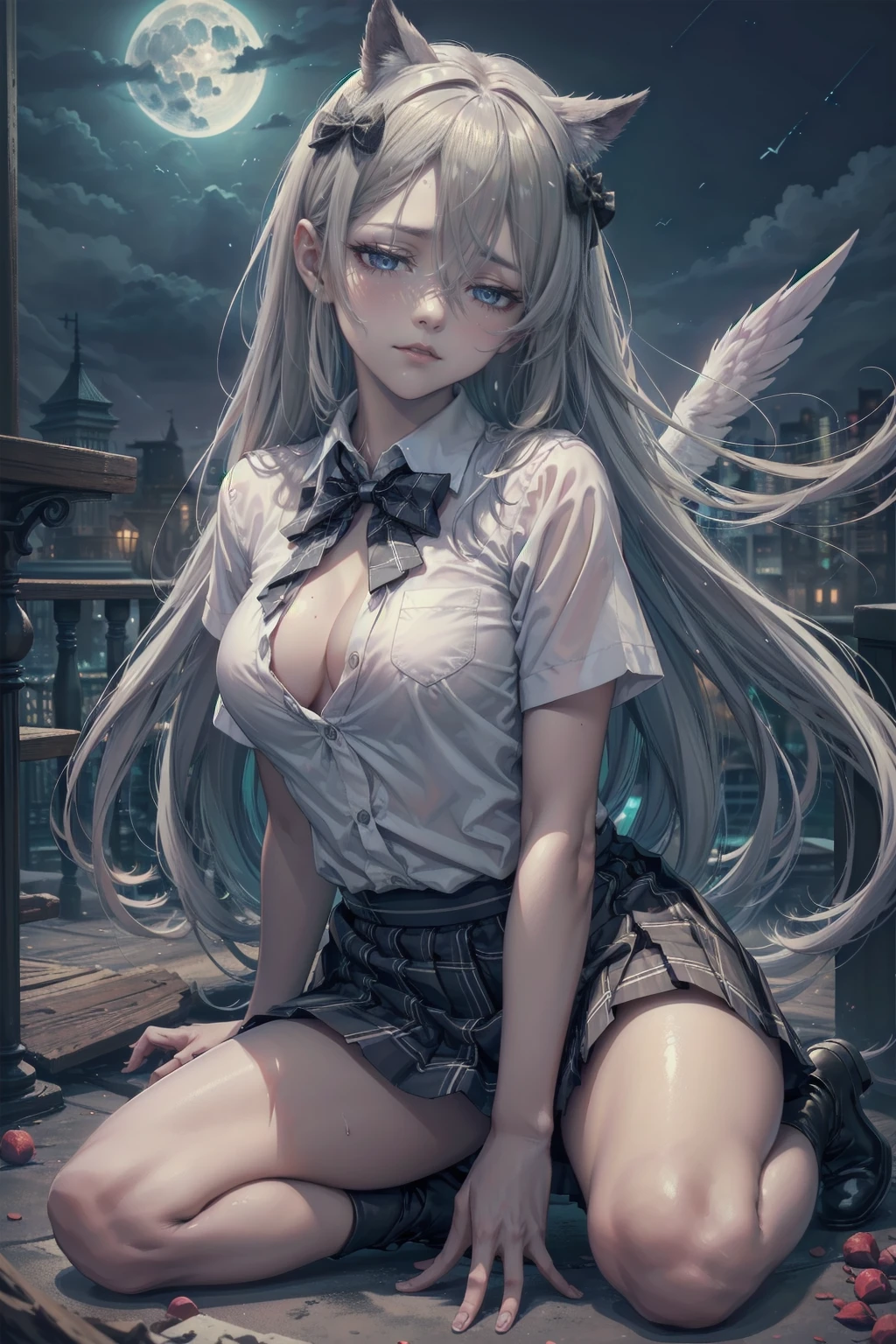 (The perfect solution, Absurd, Dynamic Lighting, High Resolution, masterpiece, Highest quality), Black background, ((moonlight)),, 1 girl, Silver Hair, Shiny Hair, very Long Hair, 鈍いbangs, Very red lips, Looking at the audience, Iconic eyes, (((Half-closed eyes))), (偽りのsmile), (Chest and ribs), eyes are bright red, pupils are narrow, Gothic Makeup,, Light beige skin, (fallen Angel)))), ((((Haniel)))) Light Skin Hair, Long Hair, きれいに整えられたbangs, ((Long Bottom)), ((Long eyelashes)), eye shadow, (((Grey Eyes))), Light skin and brown lips, (Laugh without emotion), Behaving provocatively,
((whiteい美しいゴシック衣装)),
Lady,, 
(Beautiful background: 1.18),
High Resolution, art, work, Highest quality,
,Shadowed face　、beautiful girl、とてもcute天使、Pink T-shirt、cute、Baby Face、smile、Long skirt、Black long boots、.(Highest quality,4K,High resolution,masterpiece:1.2),Very detailed,Realistic:1.37,
beautiful girl、Very cute angel、(masterpiece:1.2, Highest quality), (Actual, photoActual:1.4),  Looking at the audience, whole body, Front view:0.6, , Japanese, high School girl, (Long Hair:1.5), Dry your hair, (Half Up, Half Down, Half Up, Half Downdo), bangs, Hair between the eyes, Big Breasts:0.8, Beautiful Hair, Pretty face, Beautiful and delicate eyes, Beautiful clavicle, Beautiful body, Beautiful breasts, Beautiful thighs, Beautiful feet, (Beautiful views), , School, ((Collared short-sleeved shirt, white shirt, School uniform, Grey plaid pleated skirt, Blue checked bow tie)), white, Lying on a table on stage，The skirt hangs down around the thighs, Clothes buttons open, show内衣, Place your hands behind your back，Spread your legs，show， blush, ,smile、Long skirt、
