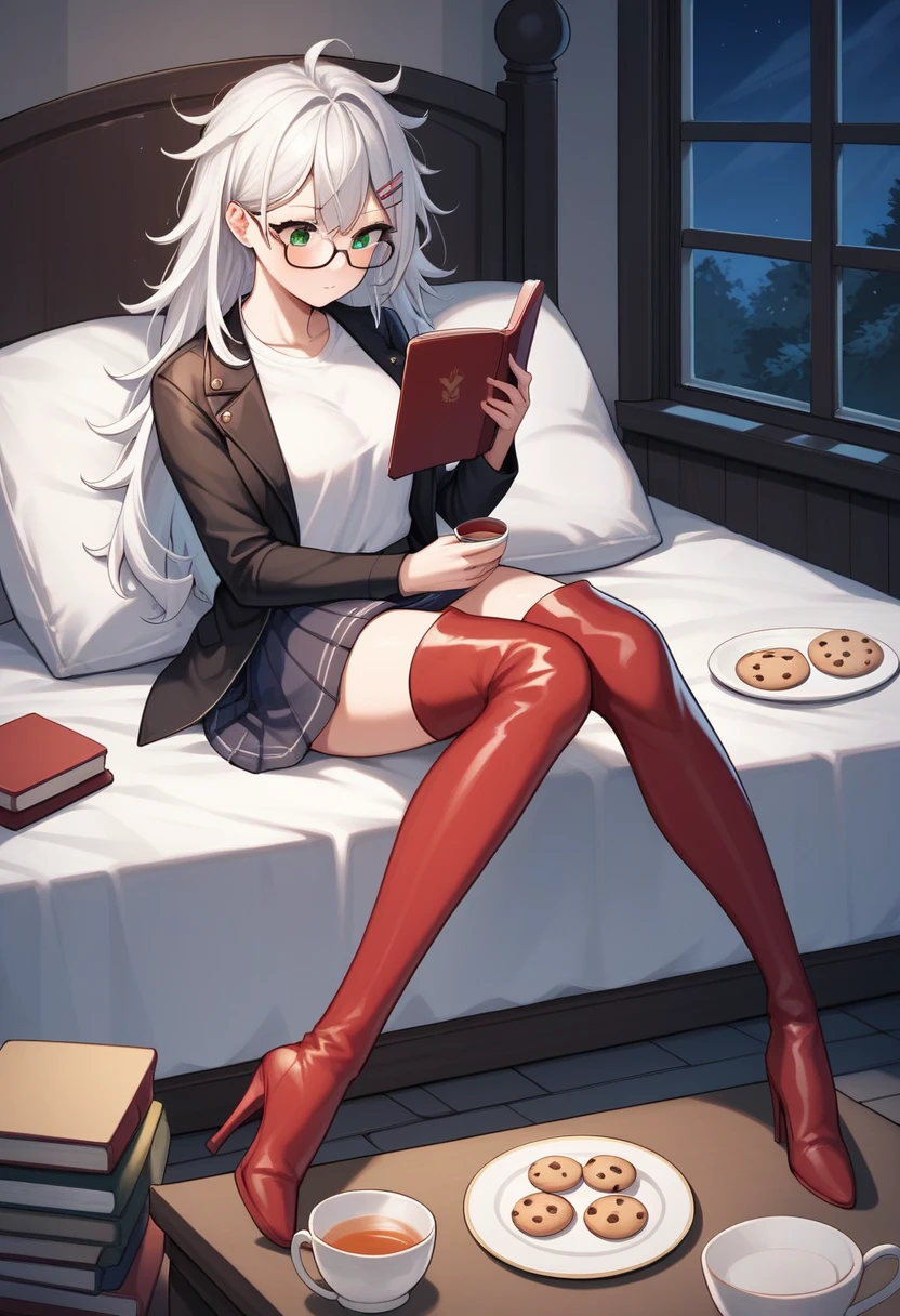 score_9, score_8_up, score_7_up, score_6_up, score_5_up, score_4_up, source_anime, 1girl, full body, bed, white hair, long hair, green eyes, glasses, hairpins, reading book, messy hair, white shirt, leather jacket, skirt, red thigh high boots, heels, Kicking your legs, night, windows, table, tea, smartphones, bookcase, cookies, plates, dungeon, best quality, best res, 4K UHD,