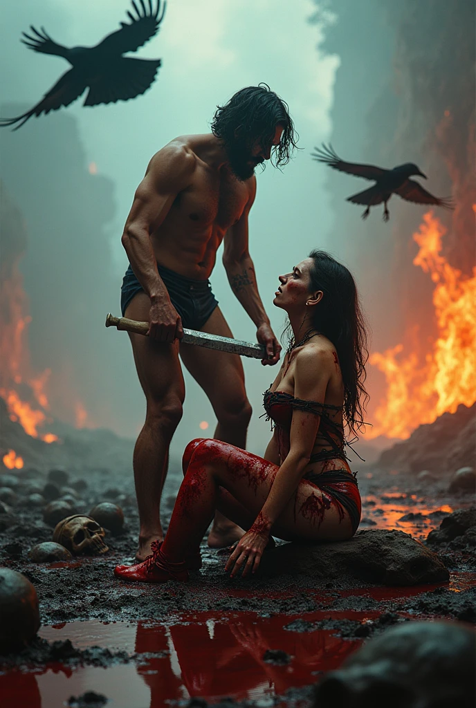 a long hair rugged Malay man criminal murder a malay woman death body Head with a machete. fierce face. background of tropical forest. cinematic shot. horror film still. asian horror movie. evil, eerie, gore film